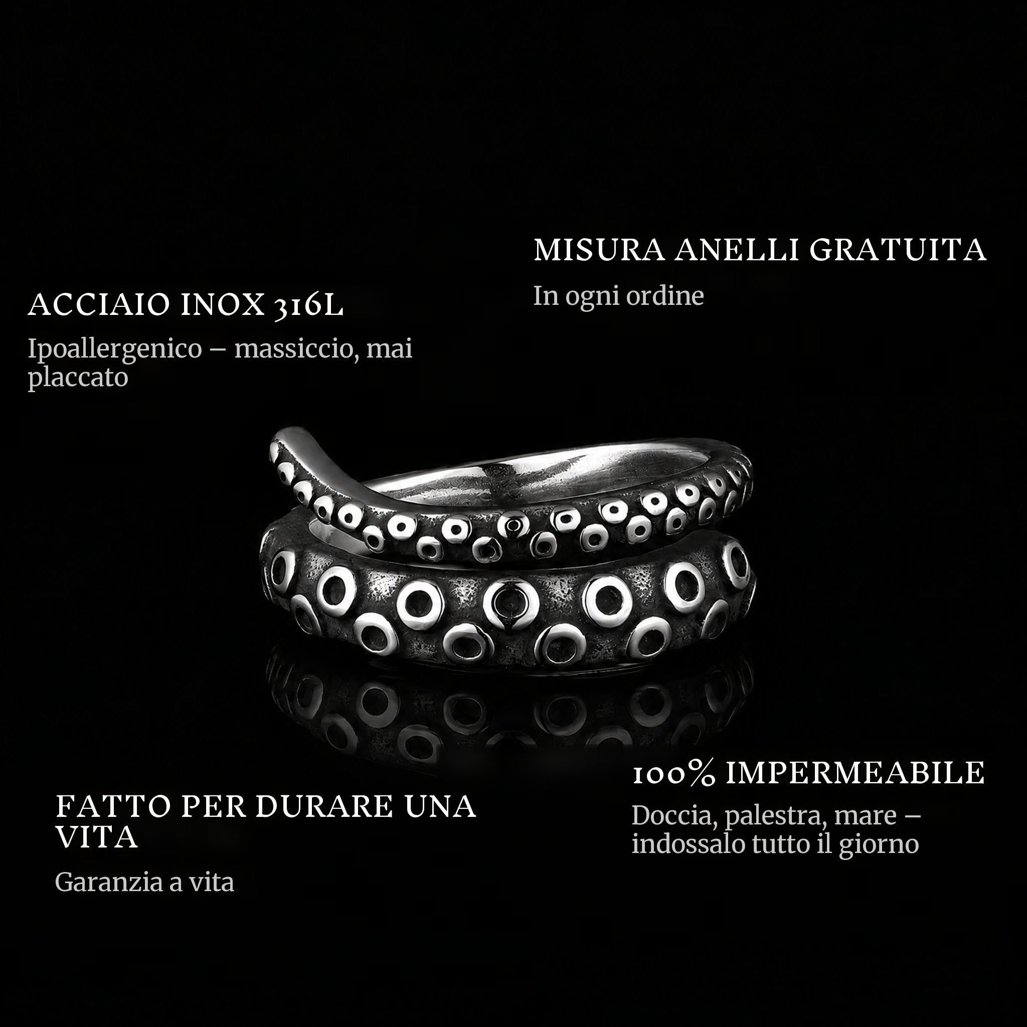 Tentacle ring features: 316L stainless steel, free ring sizer in every order, 100% waterproof, lifetime guarantee