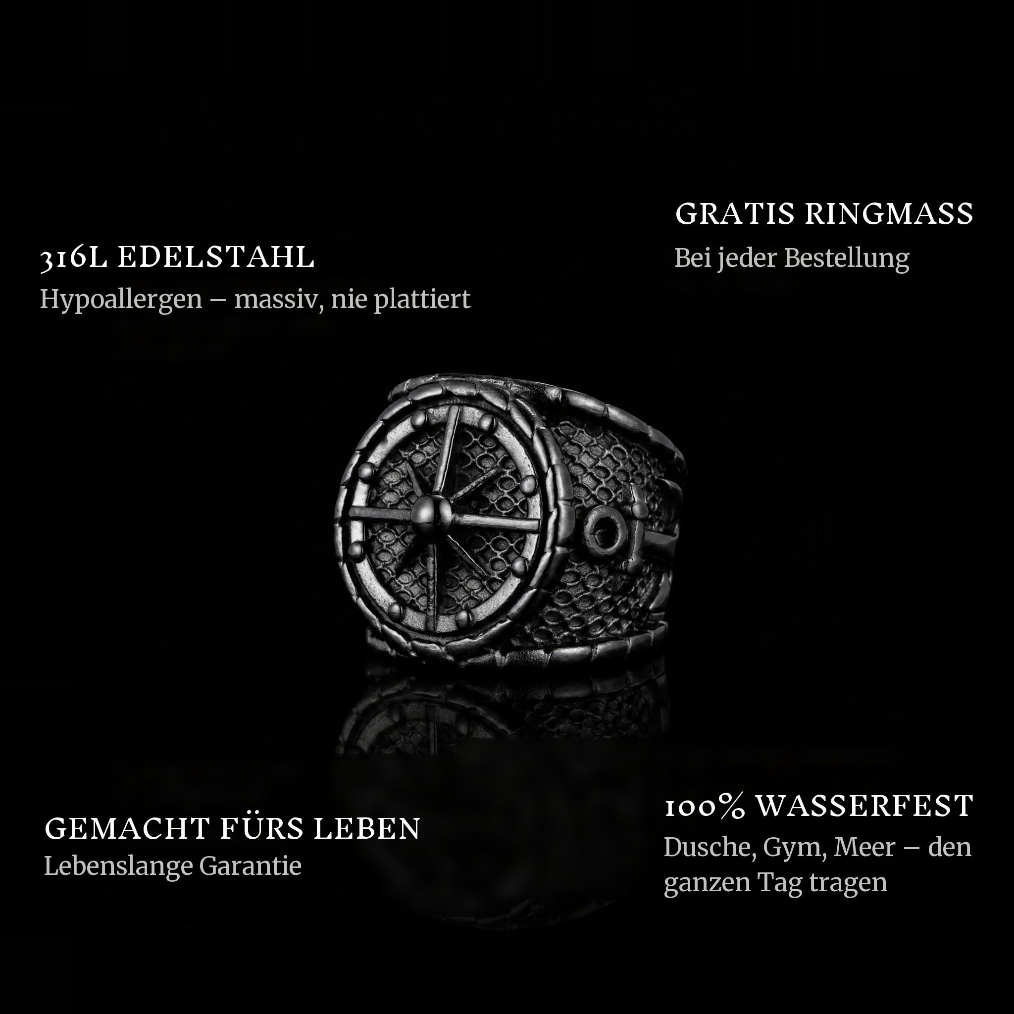 The Captain Black ring features: 316L stainless steel, free ring sizer in every order, 100% waterproof, lifetime guarantee
