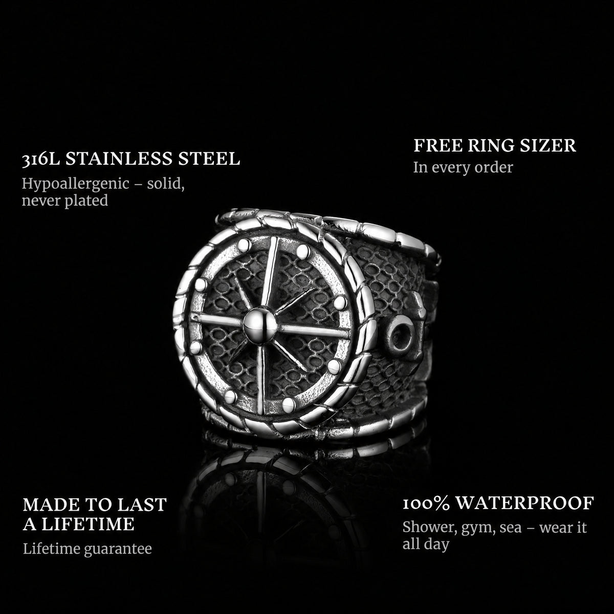 The Captain ring features: 316L stainless steel, free ring sizer in every order, 100% waterproof, lifetime guarantee