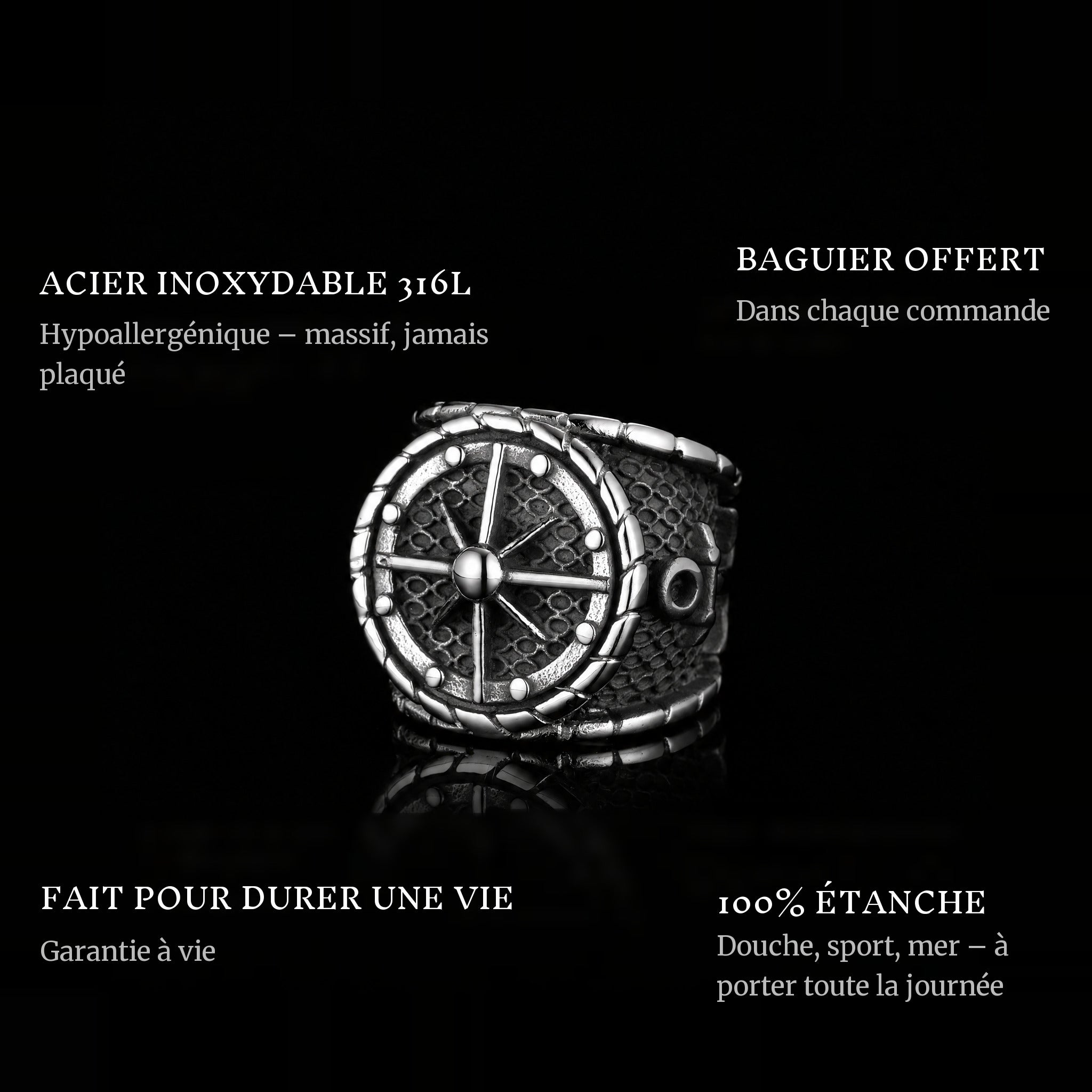 The Captain ring features: 316L stainless steel, free ring sizer in every order, 100% waterproof, lifetime guarantee