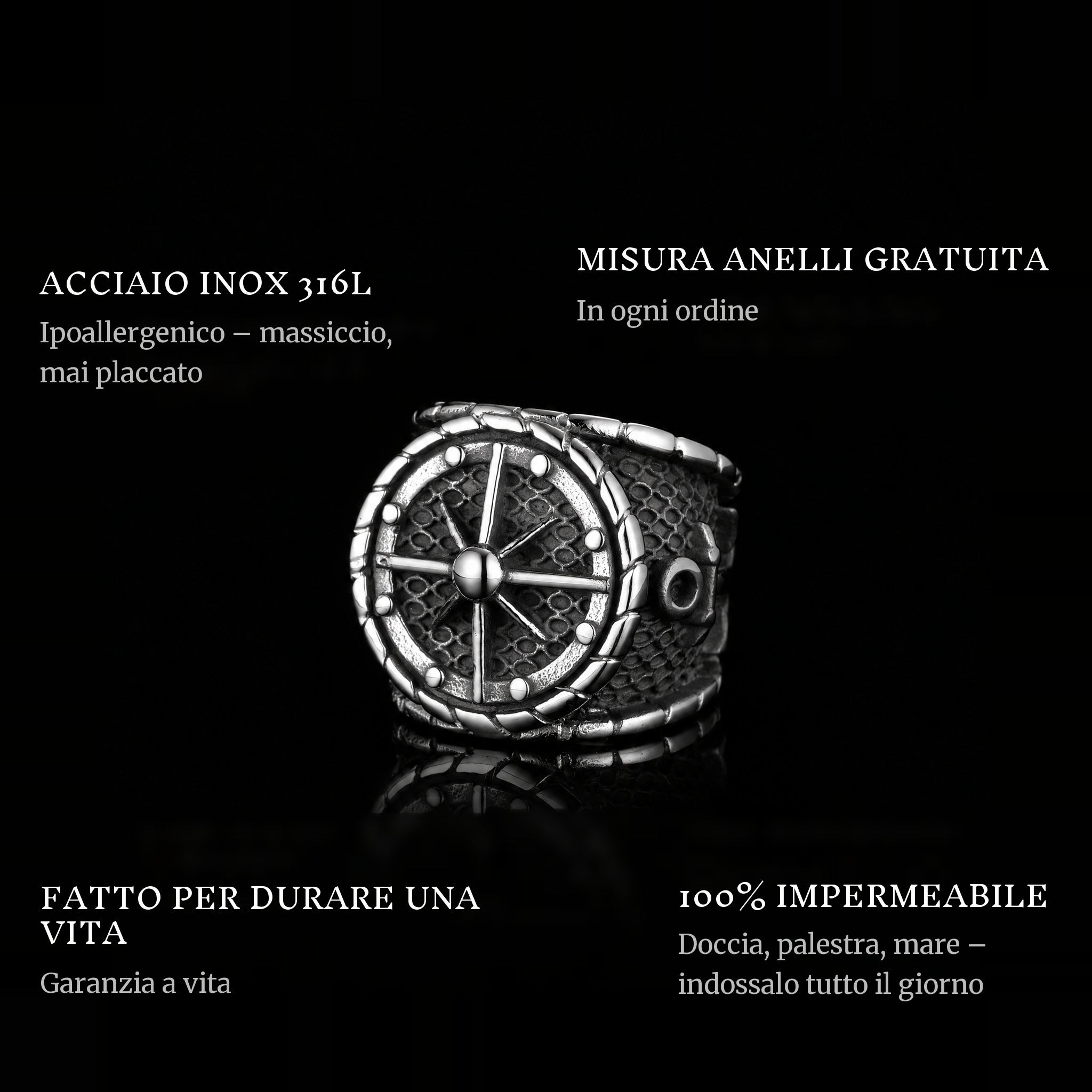 The Captain ring features: 316L stainless steel, free ring sizer in every order, 100% waterproof, lifetime guarantee