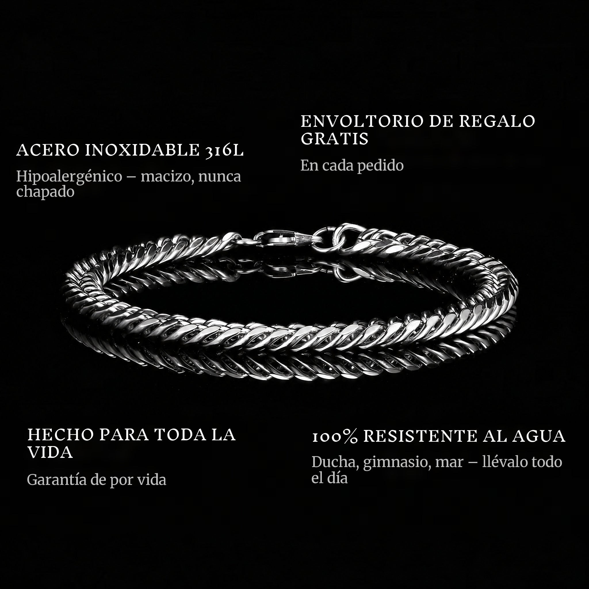 The Chain features: 316L stainless steel, free gift packaging, 100% waterproof, lifetime guarantee