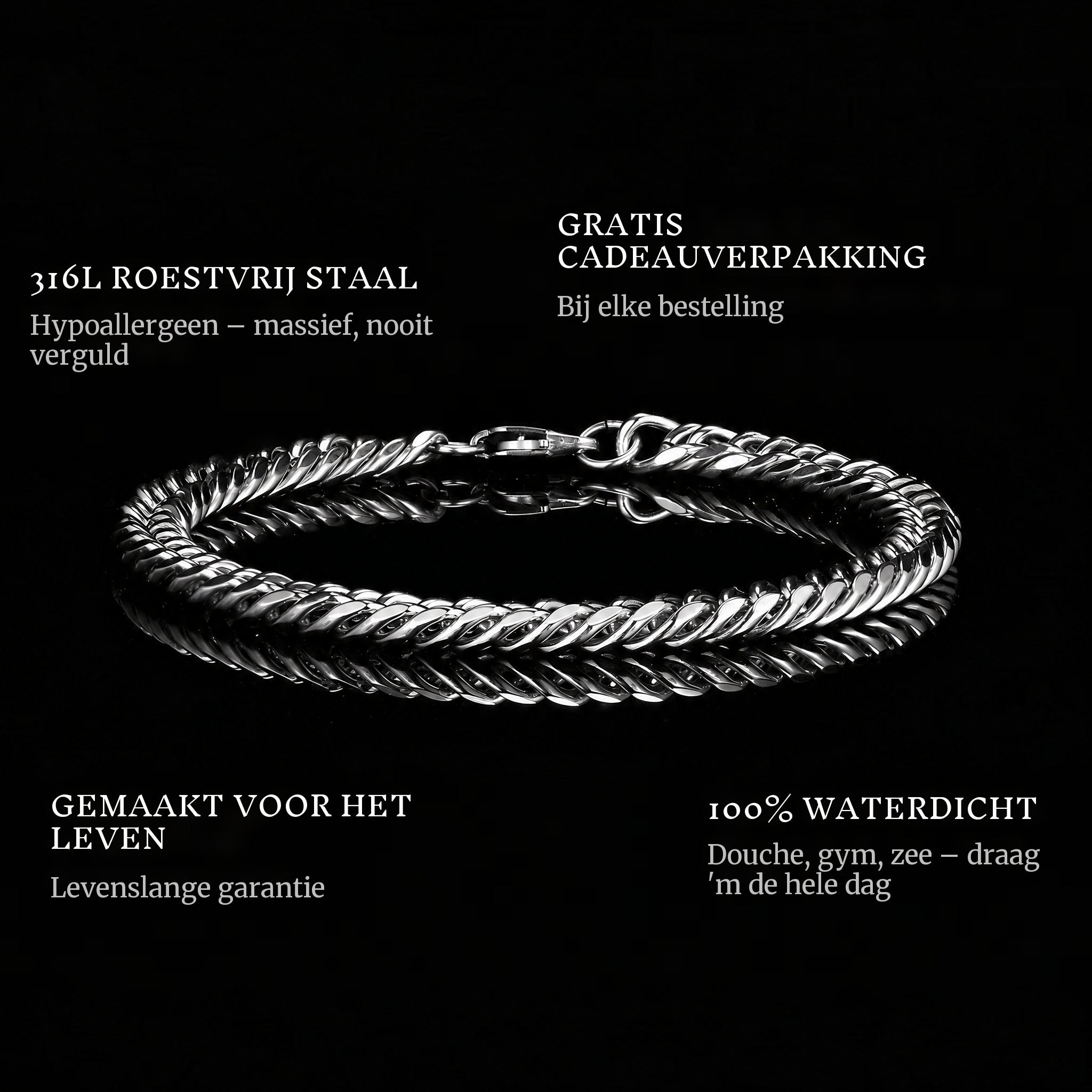 The Chain features: 316L stainless steel, free gift packaging, 100% waterproof, lifetime guarantee