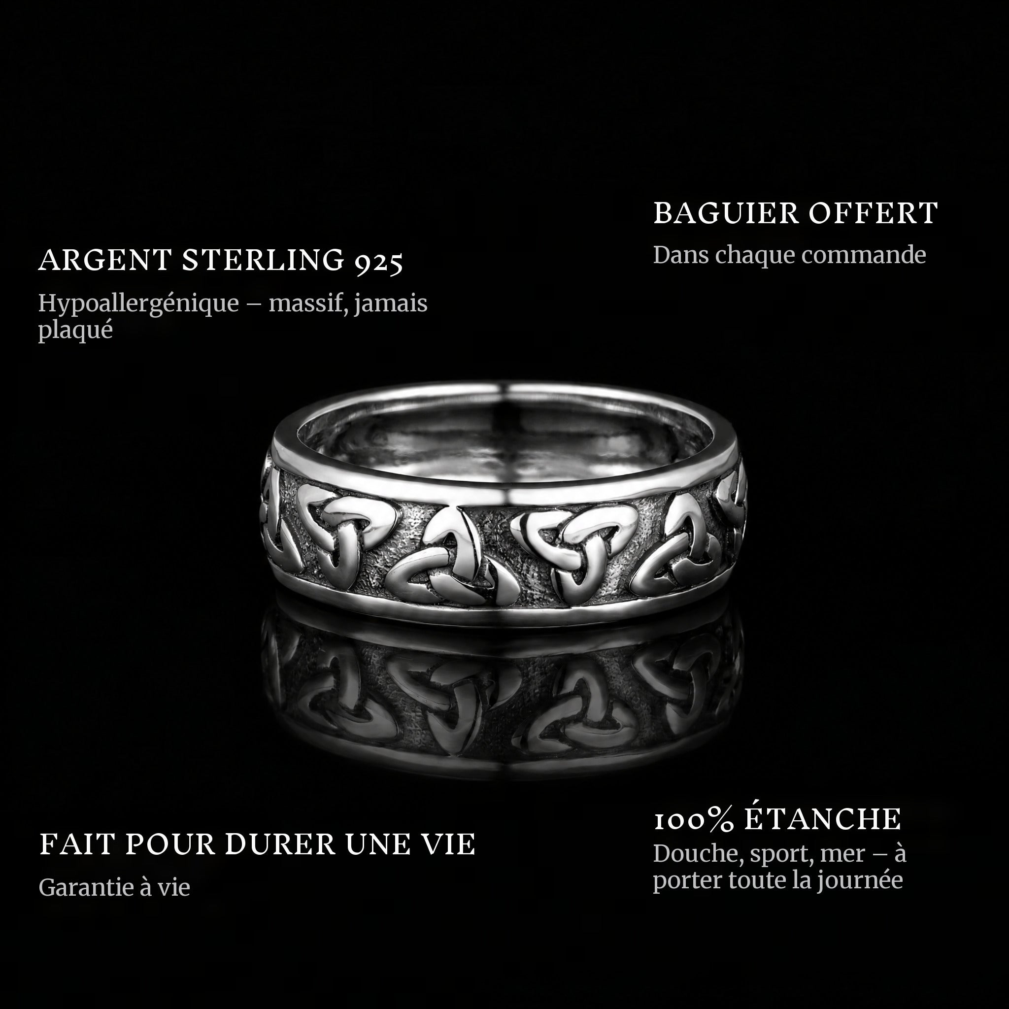 The Cycle ring features: 925 sterling silver, free ring sizer in every order, 100% waterproof, lifetime guarantee