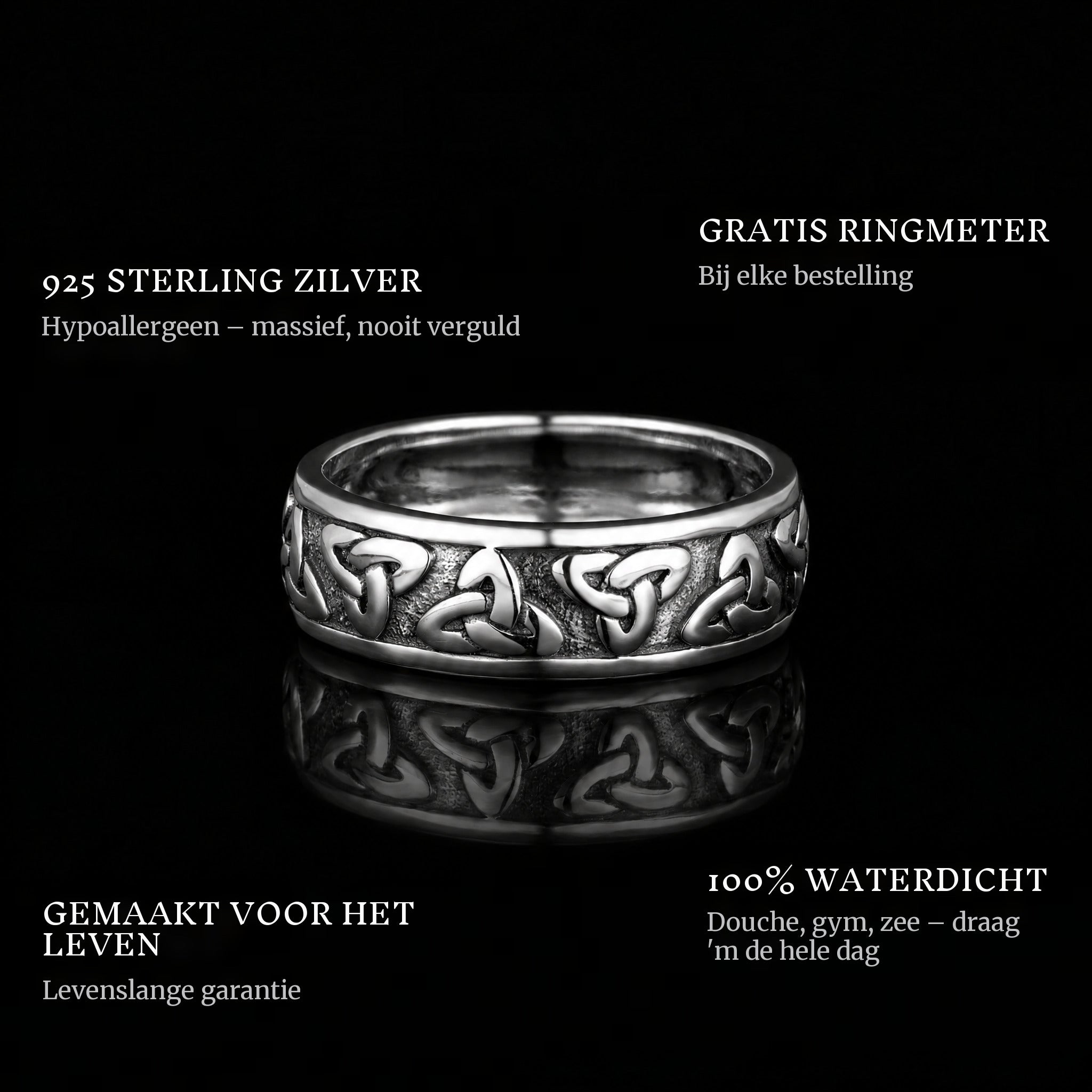 The Cycle ring features: 925 sterling silver, free ring sizer in every order, 100% waterproof, lifetime guarantee