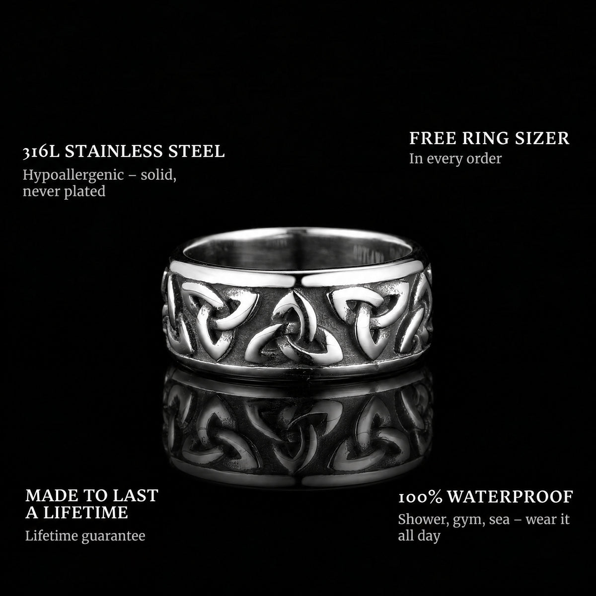 The Cycle ring features: 316L stainless steel, free ring sizer in every order, 100% waterproof, lifetime guarantee