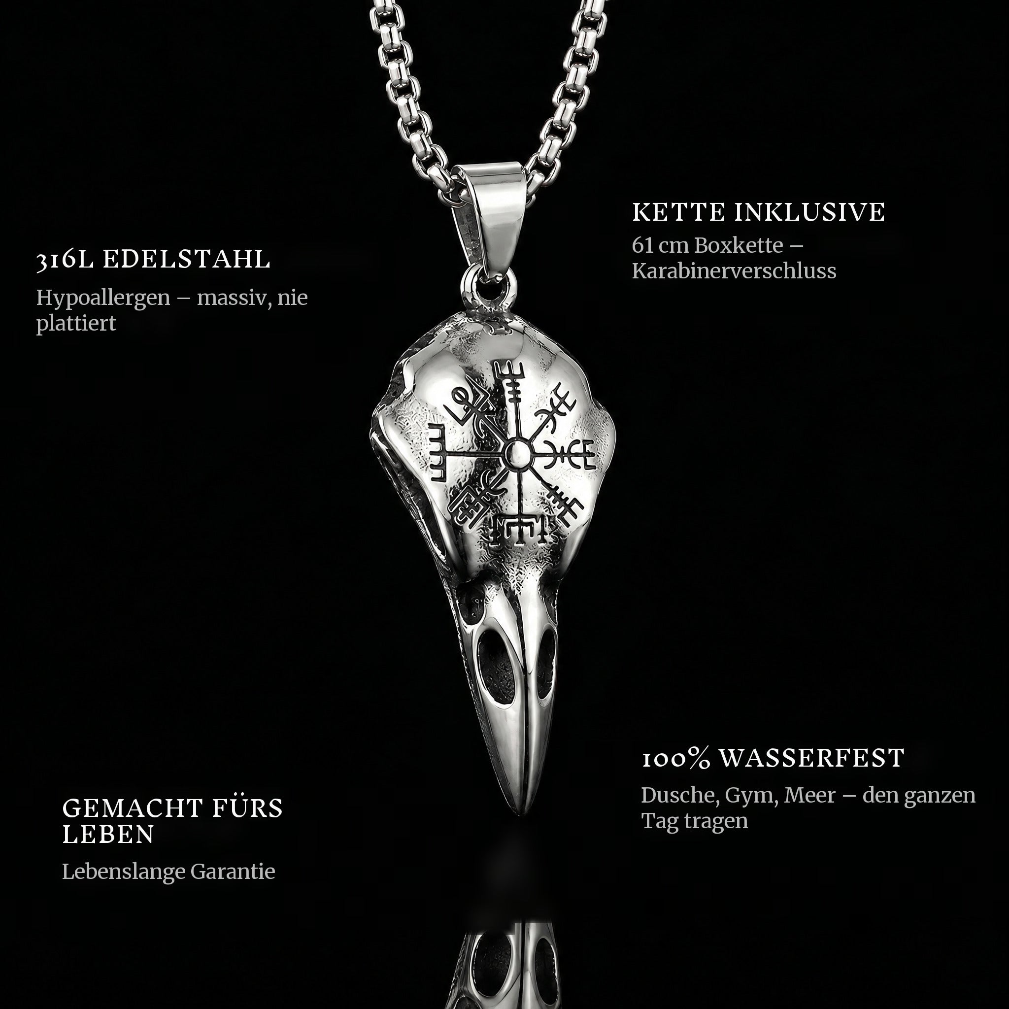 The Eagle Skull pendant features: 316L stainless steel, chain included, 100% waterproof, lifetime guarantee
