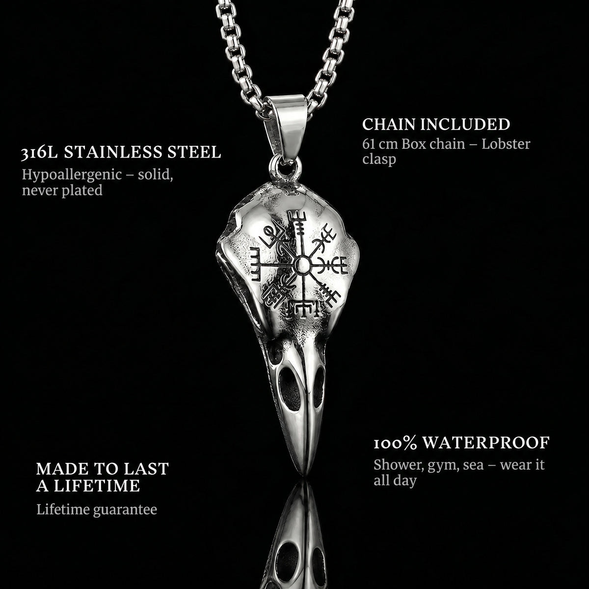 The Eagle Skull pendant features: 316L stainless steel, chain included, 100% waterproof, lifetime guarantee