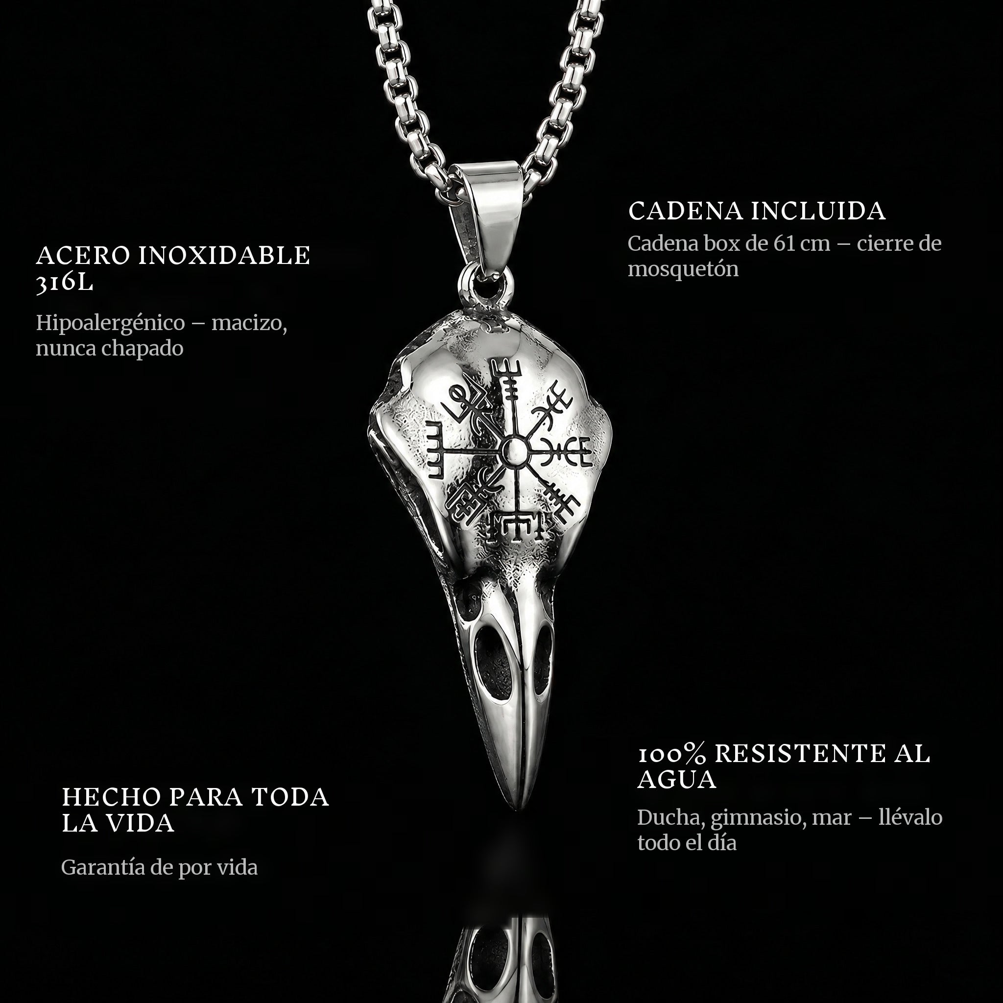 The Eagle Skull pendant features: 316L stainless steel, chain included, 100% waterproof, lifetime guarantee