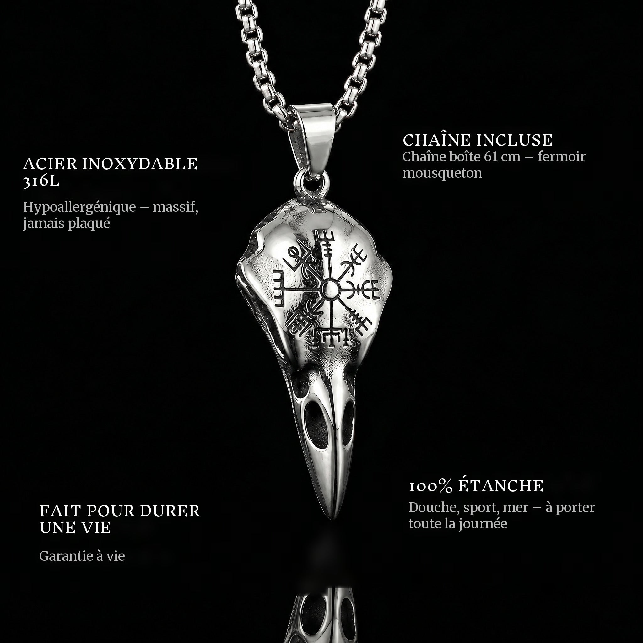 The Eagle Skull pendant features: 316L stainless steel, chain included, 100% waterproof, lifetime guarantee