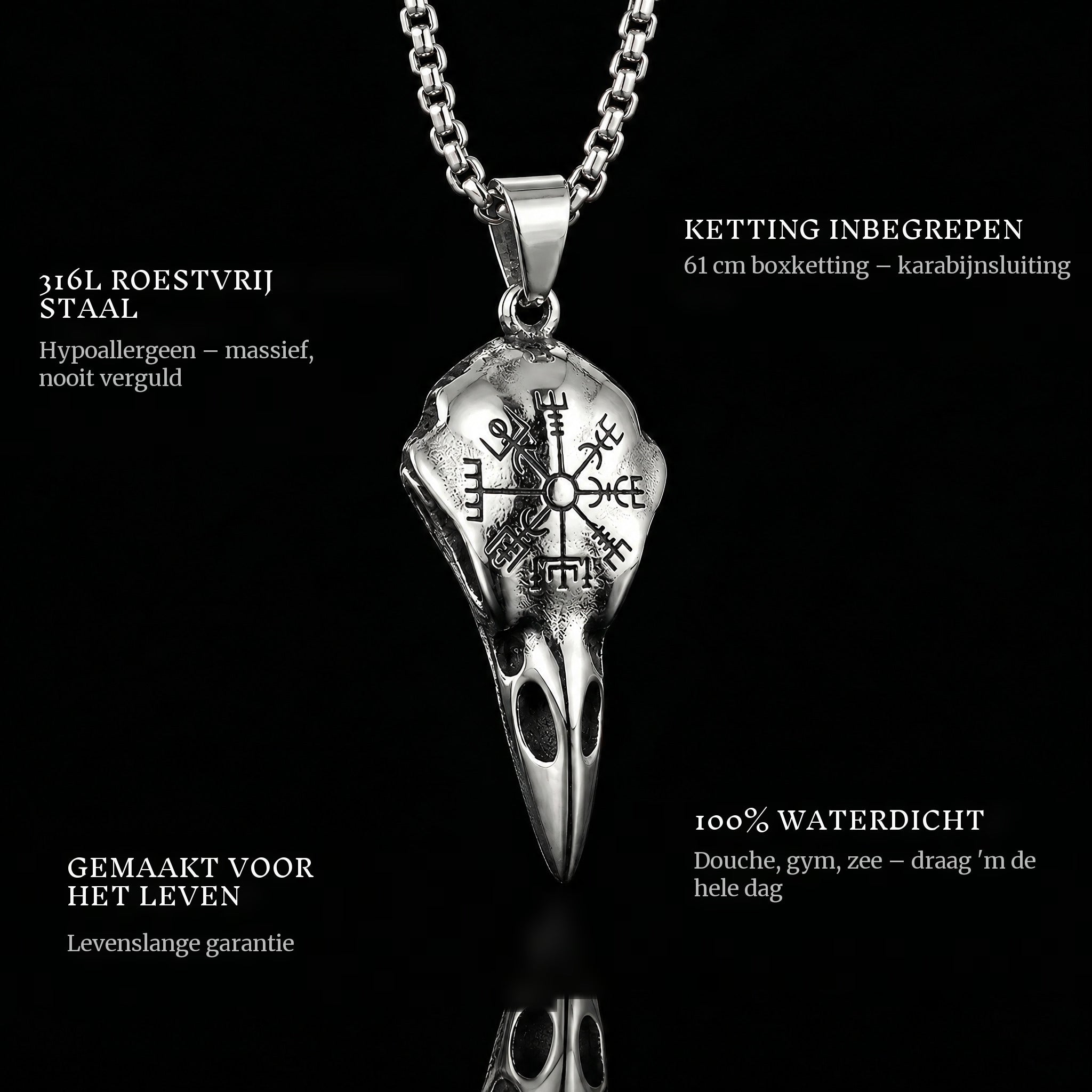 The Eagle Skull pendant features: 316L stainless steel, chain included, 100% waterproof, lifetime guarantee