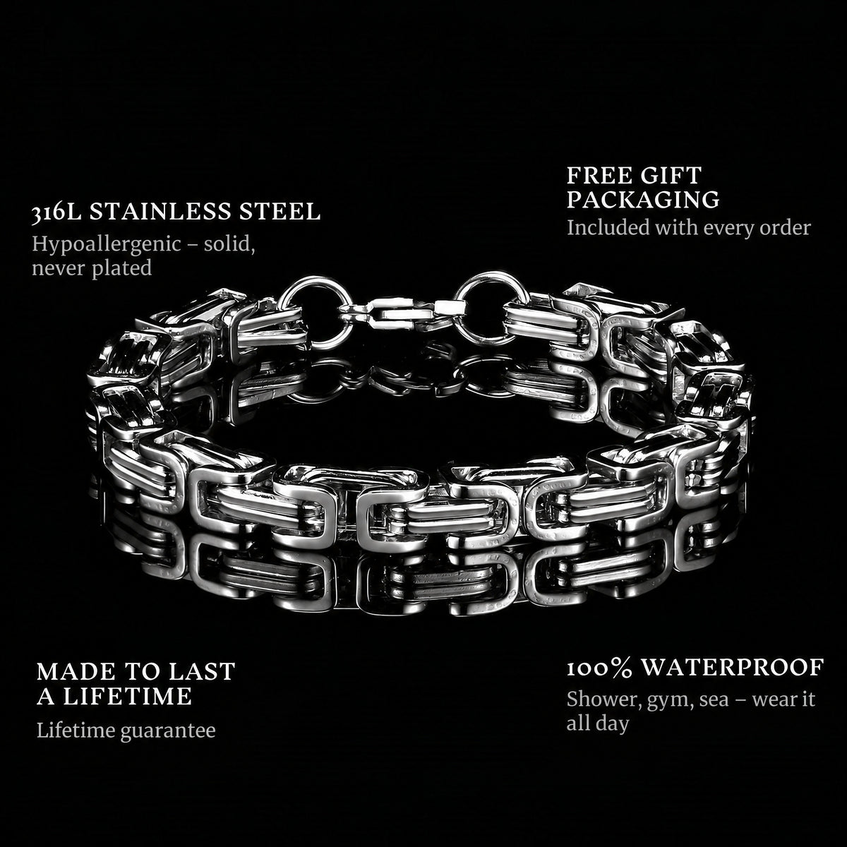 The Emperor features: 316L stainless steel, free gift packaging, 100% waterproof, lifetime guarantee