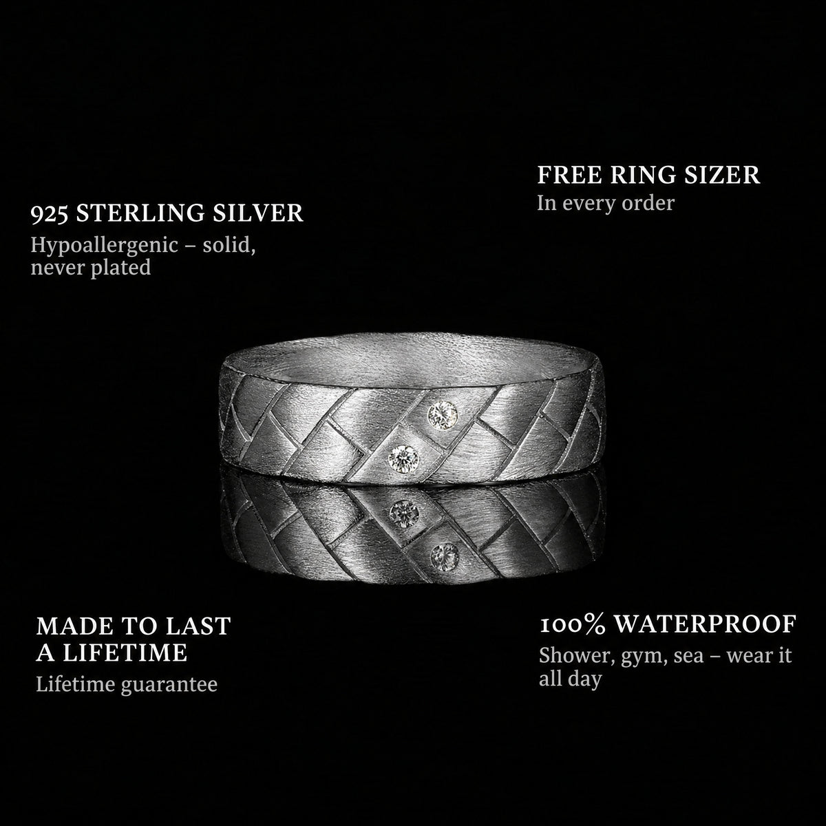 The Explorer Ring ring features: 925 sterling silver, free ring sizer in every order, 100% waterproof, lifetime guarantee