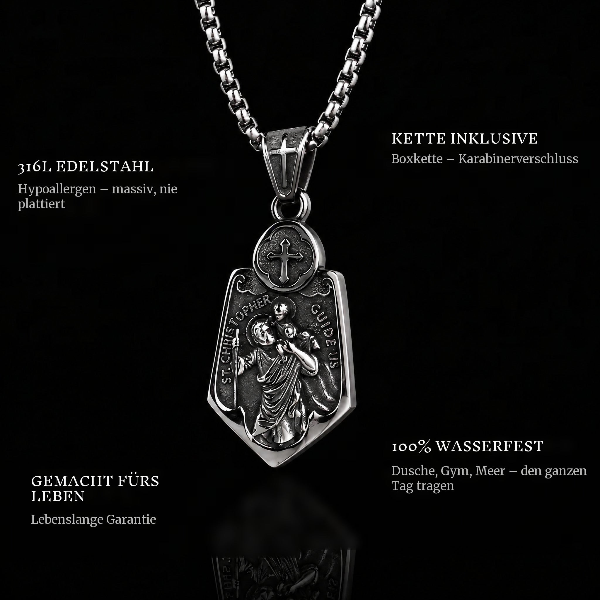 The Guide pendant features: 316L stainless steel, chain included, 100% waterproof, lifetime guarantee
