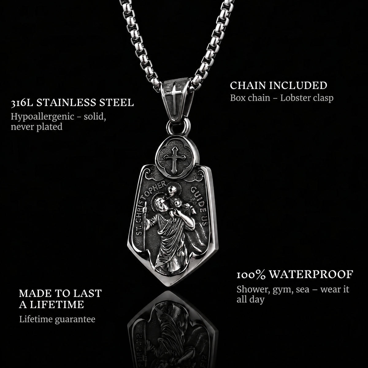 The Guide pendant features: 316L stainless steel, chain included, 100% waterproof, lifetime guarantee
