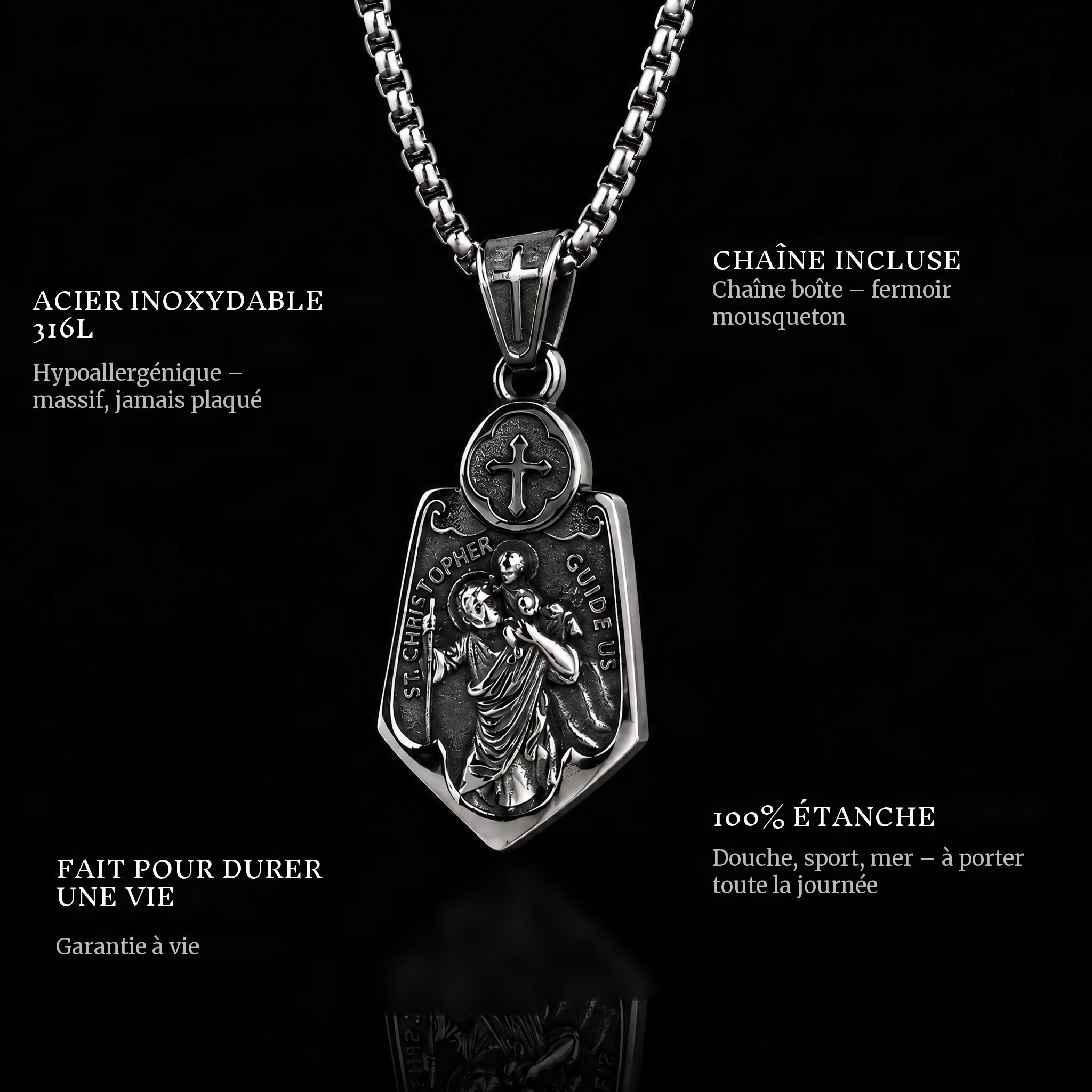 The Guide pendant features: 316L stainless steel, chain included, 100% waterproof, lifetime guarantee