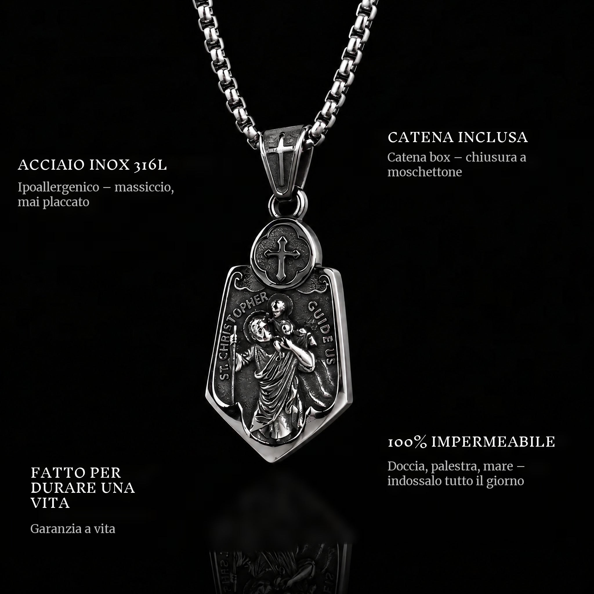 The Guide pendant features: 316L stainless steel, chain included, 100% waterproof, lifetime guarantee