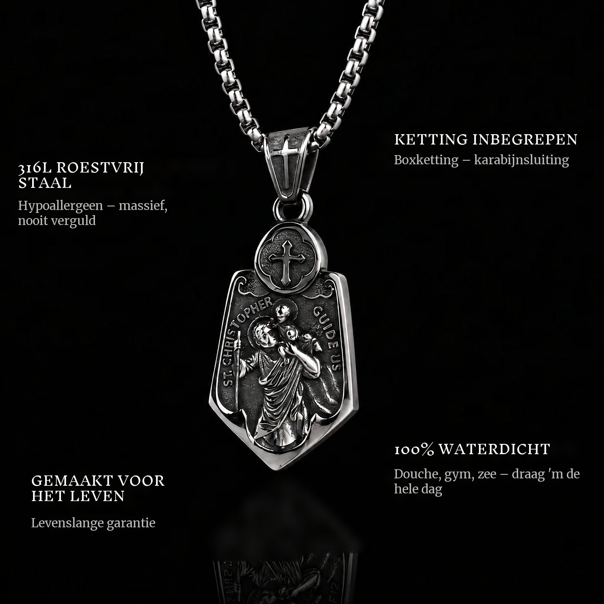 The Guide pendant features: 316L stainless steel, chain included, 100% waterproof, lifetime guarantee