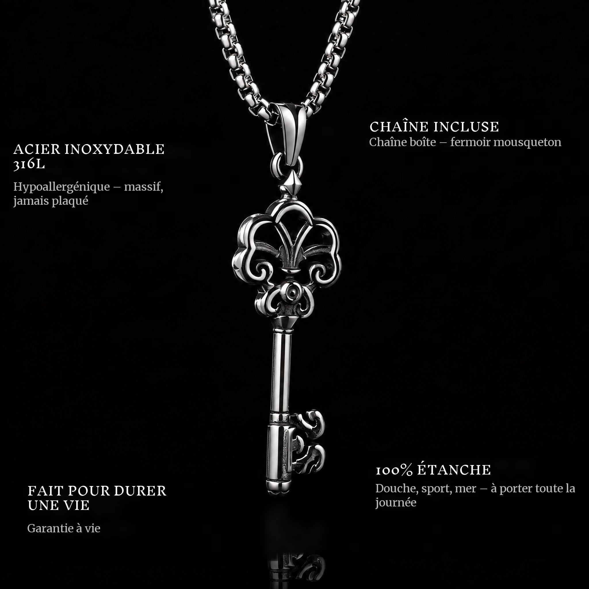 The Key To Life pendant features: 316L stainless steel, chain included, 100% waterproof, lifetime guarantee