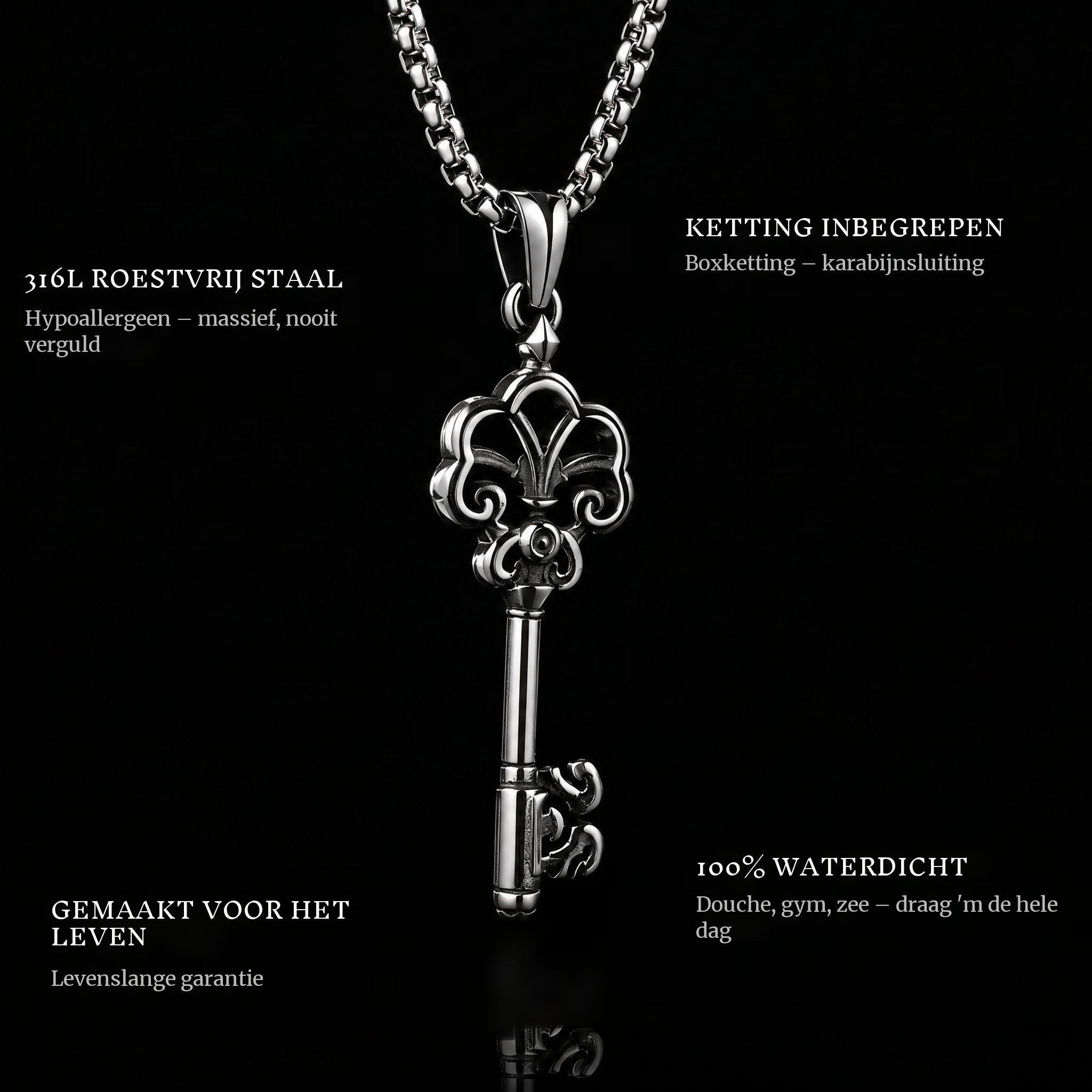 The Key To Life pendant features: 316L stainless steel, chain included, 100% waterproof, lifetime guarantee