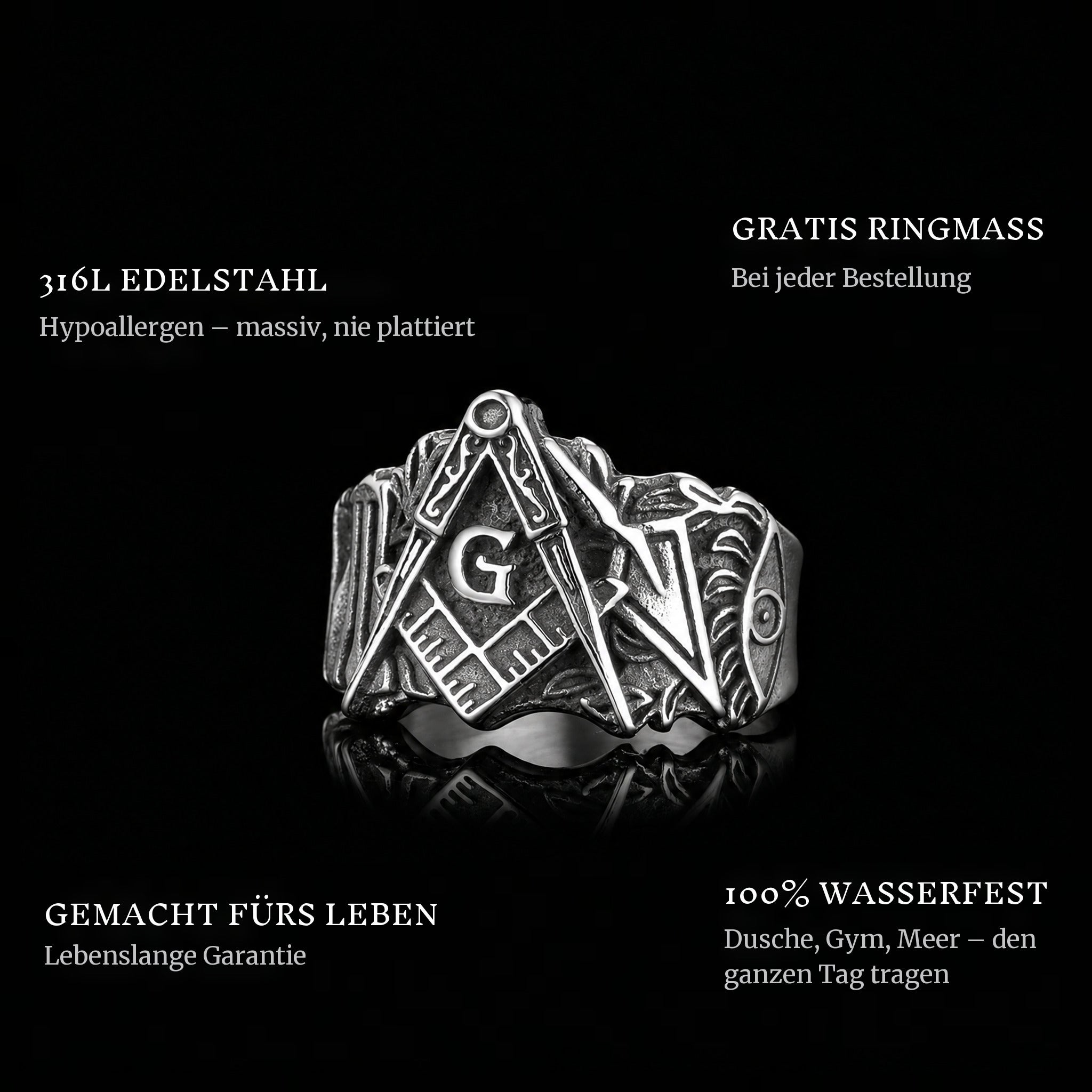 The Mason ring features: 316L stainless steel, free ring sizer in every order, 100% waterproof, lifetime guarantee