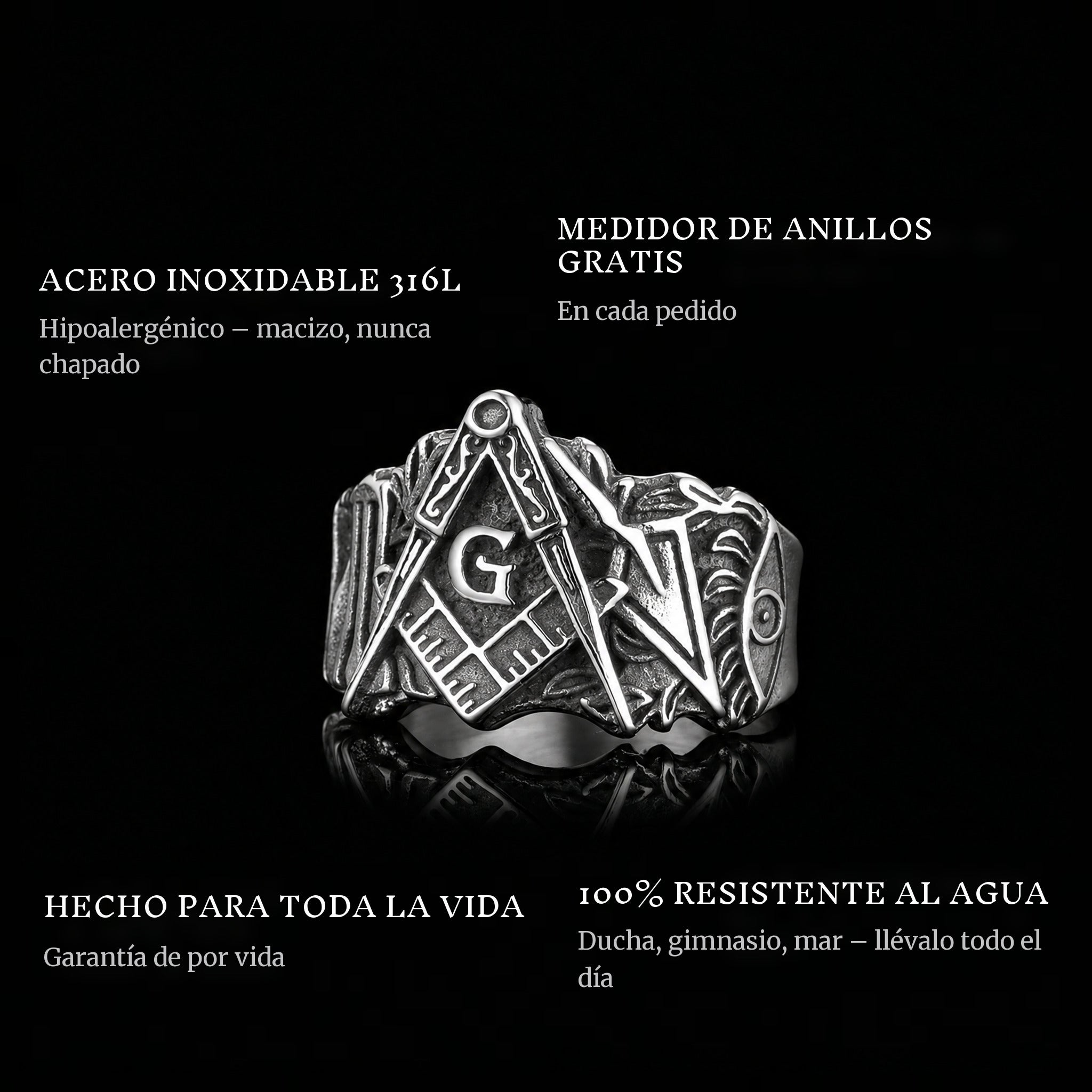 The Mason ring features: 316L stainless steel, free ring sizer in every order, 100% waterproof, lifetime guarantee