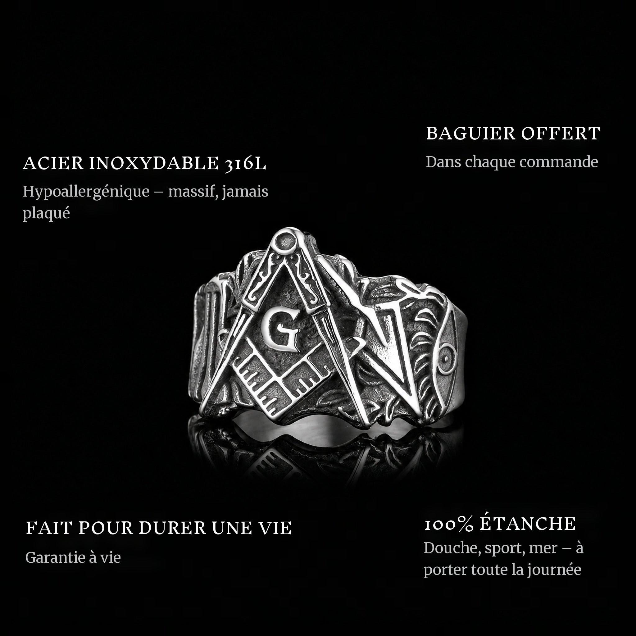 The Mason ring features: 316L stainless steel, free ring sizer in every order, 100% waterproof, lifetime guarantee