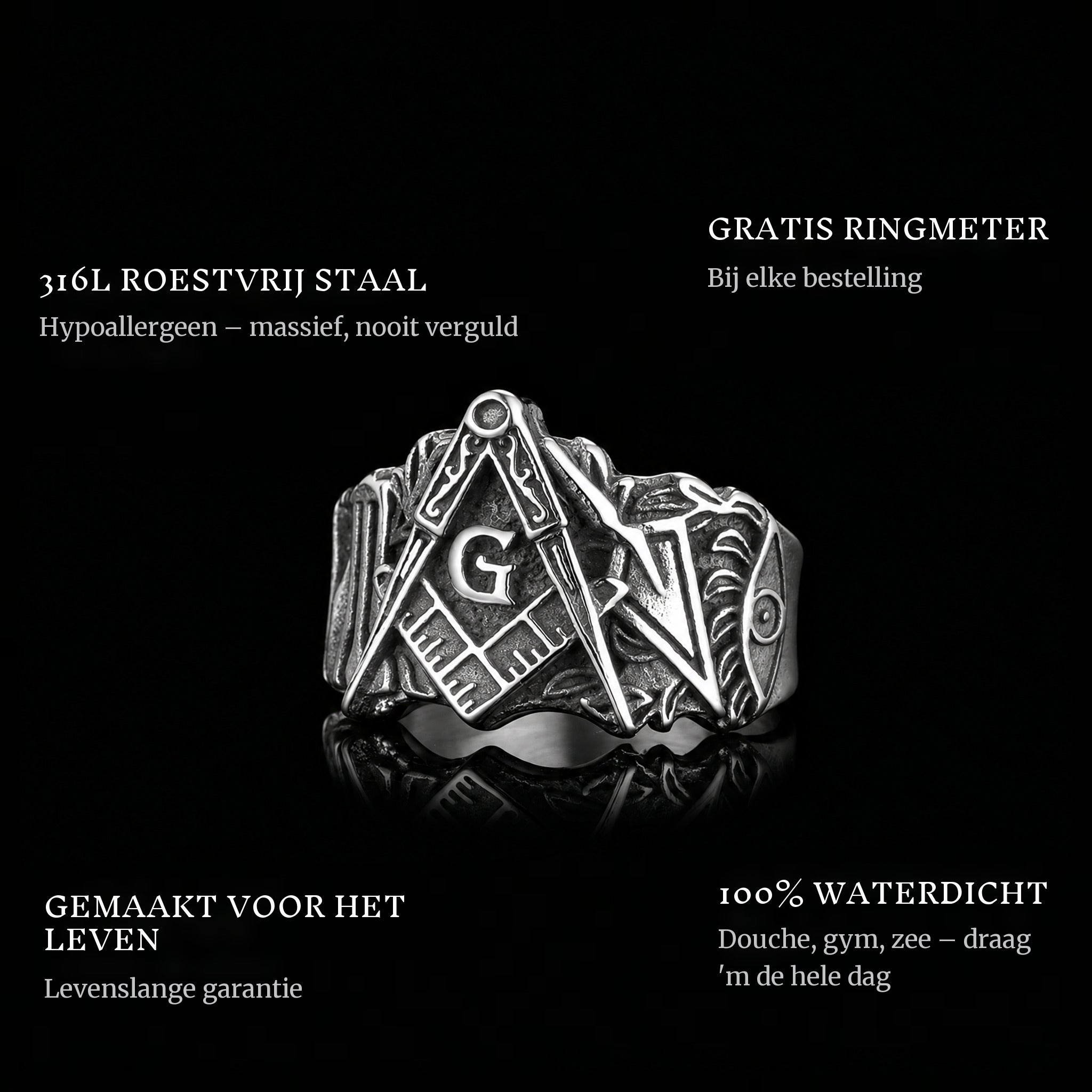 The Mason ring features: 316L stainless steel, free ring sizer in every order, 100% waterproof, lifetime guarantee