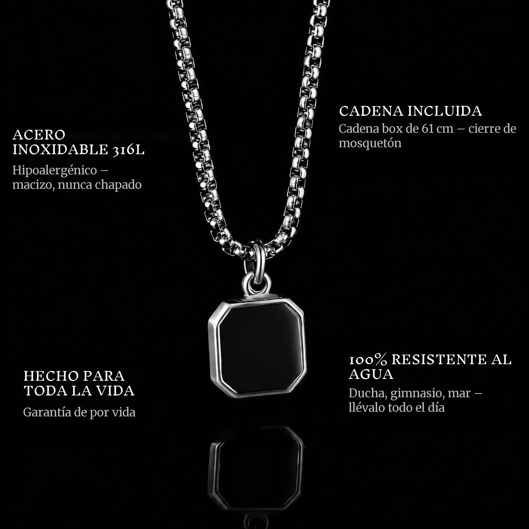 The Onyx Badge pendant features: 316L stainless steel, chain included, 100% waterproof, lifetime guarantee