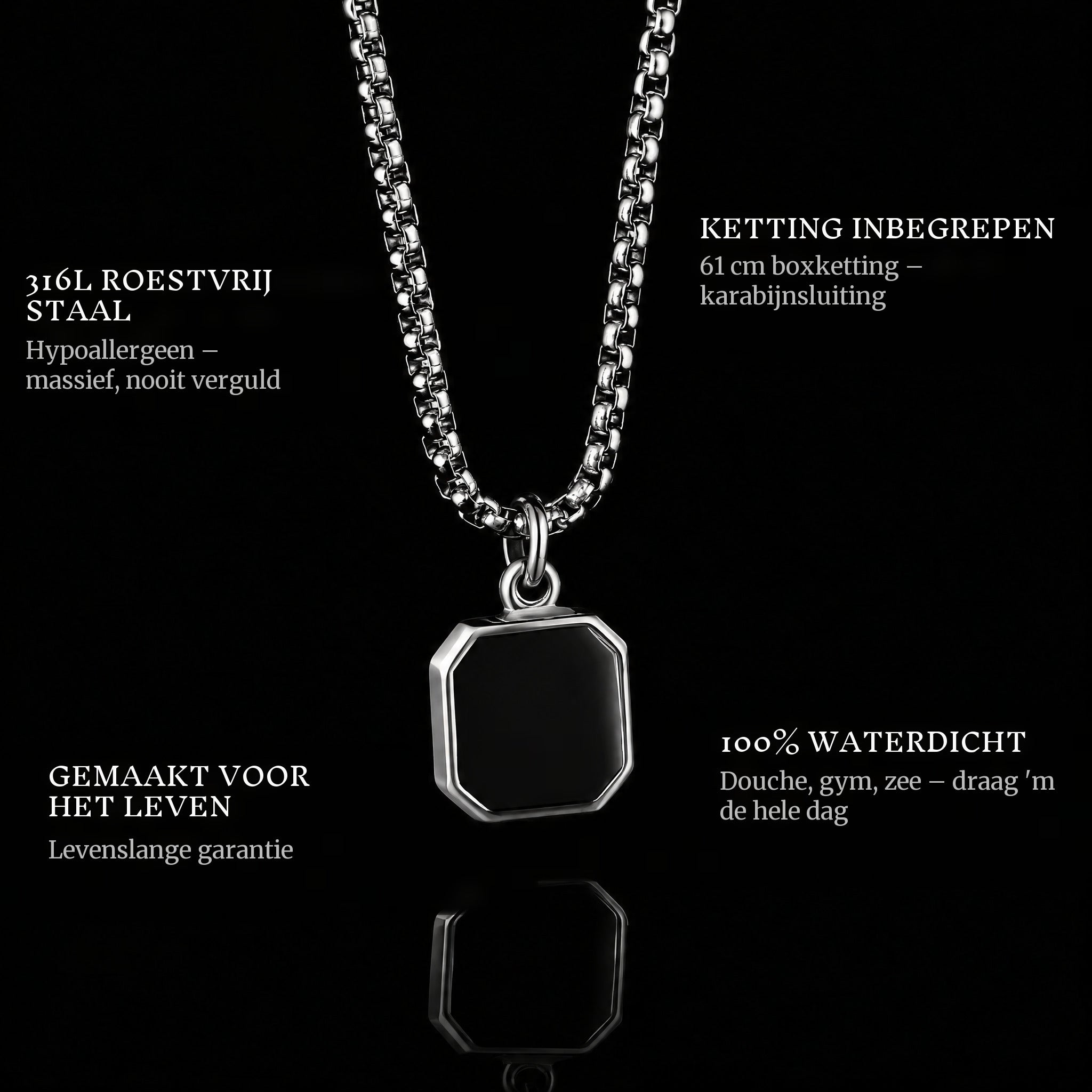 The Onyx Badge pendant features: 316L stainless steel, chain included, 100% waterproof, lifetime guarantee