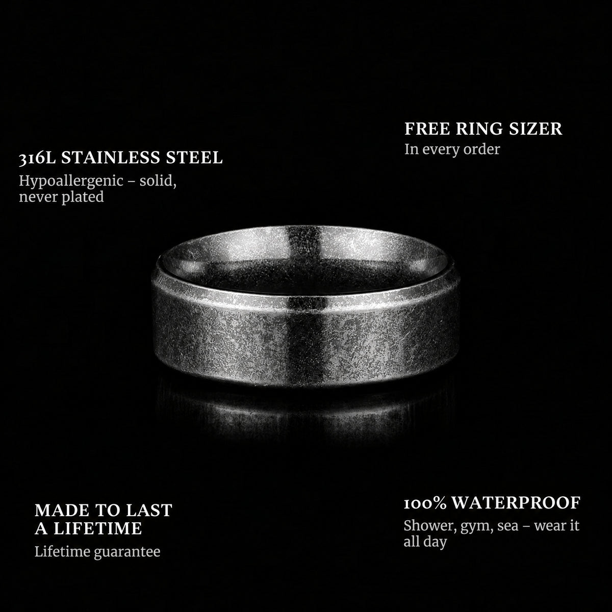 The Raw Vintage Blacked ring features: 316L stainless steel, free ring sizer in every order, 100% waterproof, lifetime guarantee