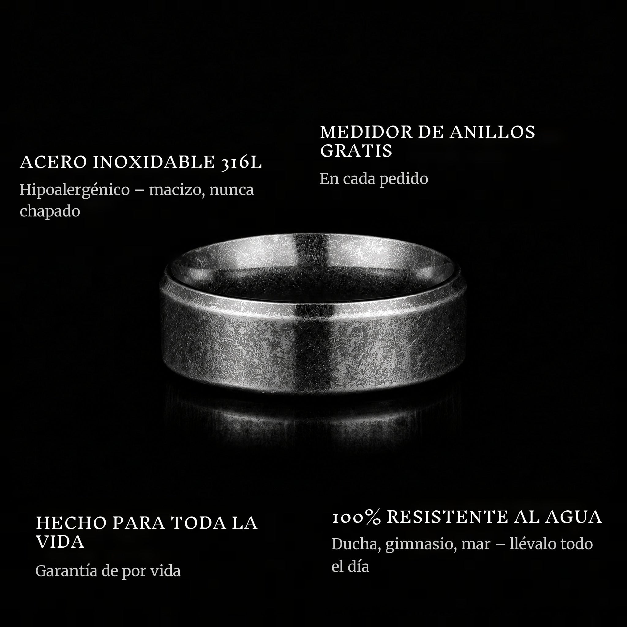 The Raw Vintage Blacked ring features: 316L stainless steel, free ring sizer in every order, 100% waterproof, lifetime guarantee