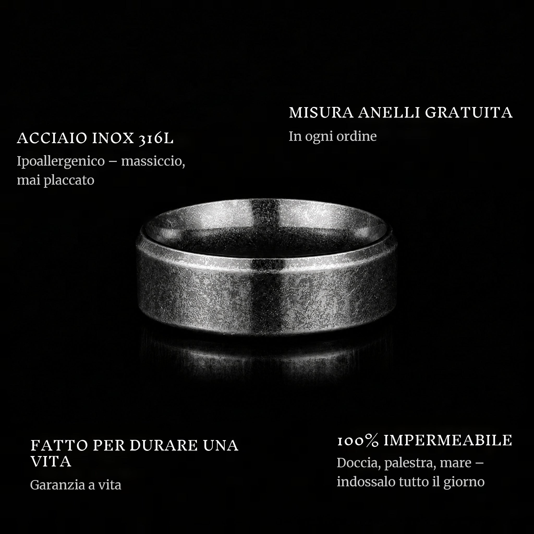 The Raw Vintage Blacked ring features: 316L stainless steel, free ring sizer in every order, 100% waterproof, lifetime guarantee