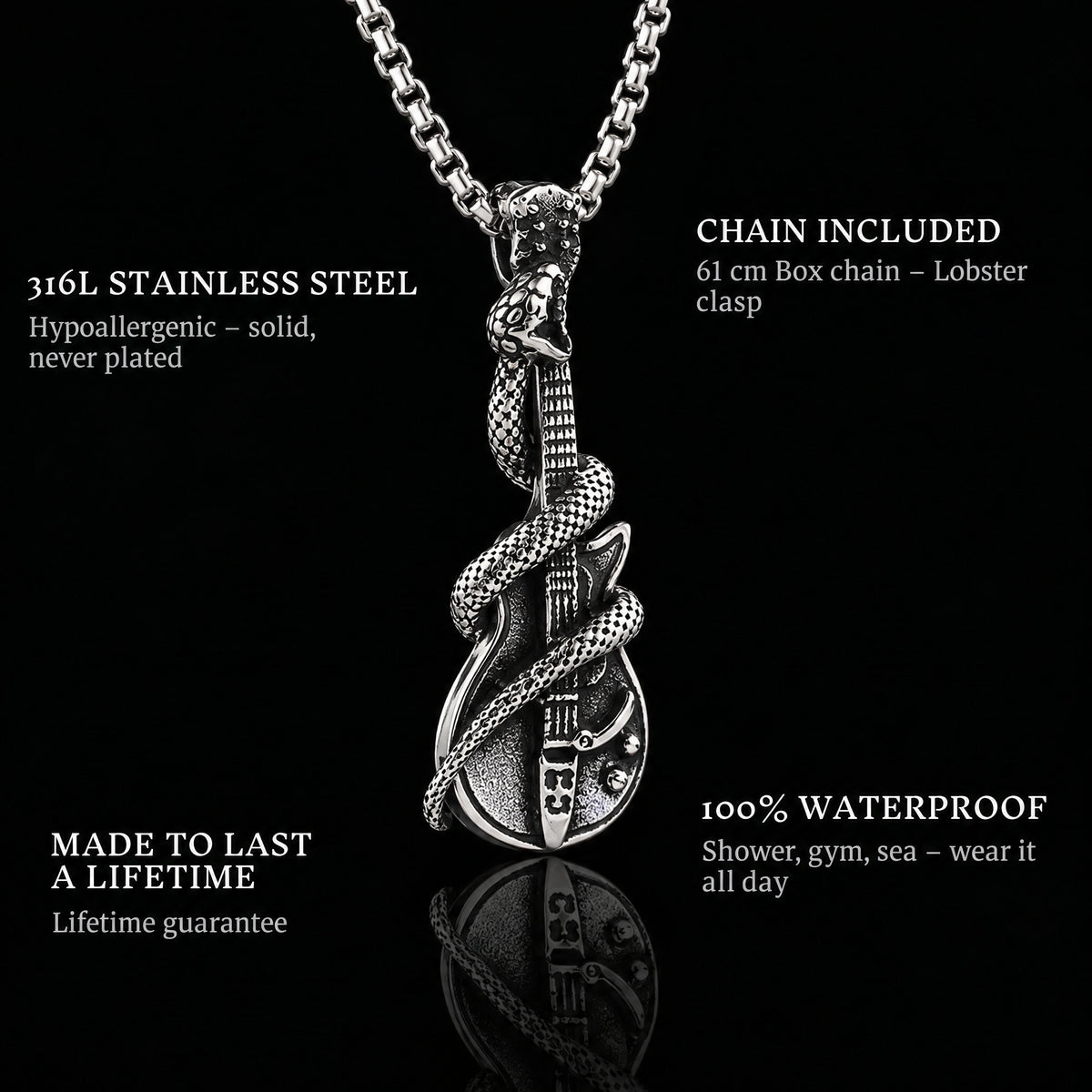 The Serpent Guitar pendant features: 316L stainless steel, chain included, 100% waterproof, lifetime guarantee