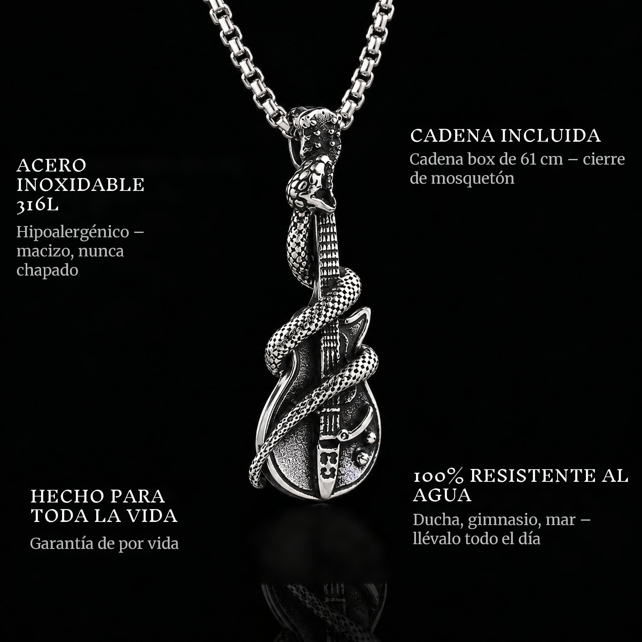 The Serpent Guitar pendant features: 316L stainless steel, chain included, 100% waterproof, lifetime guarantee