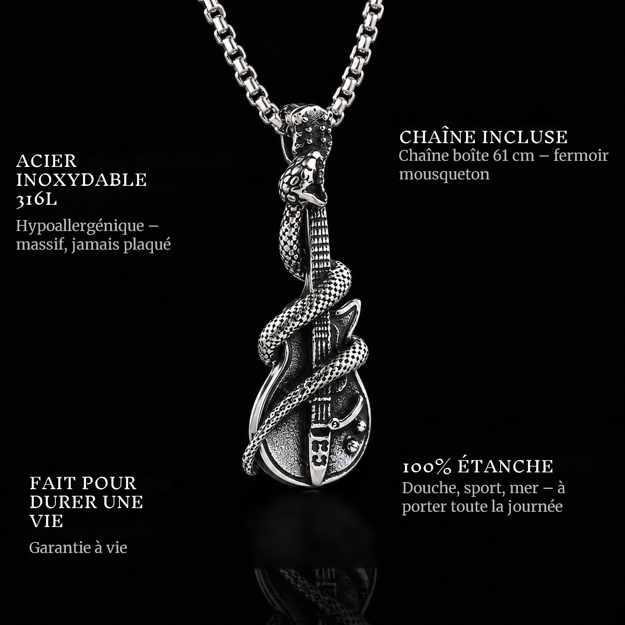 The Serpent Guitar pendant features: 316L stainless steel, chain included, 100% waterproof, lifetime guarantee