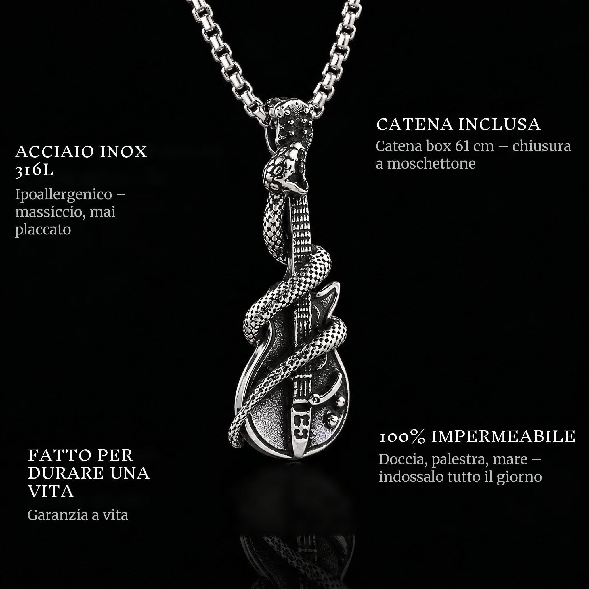 The Serpent Guitar pendant features: 316L stainless steel, chain included, 100% waterproof, lifetime guarantee