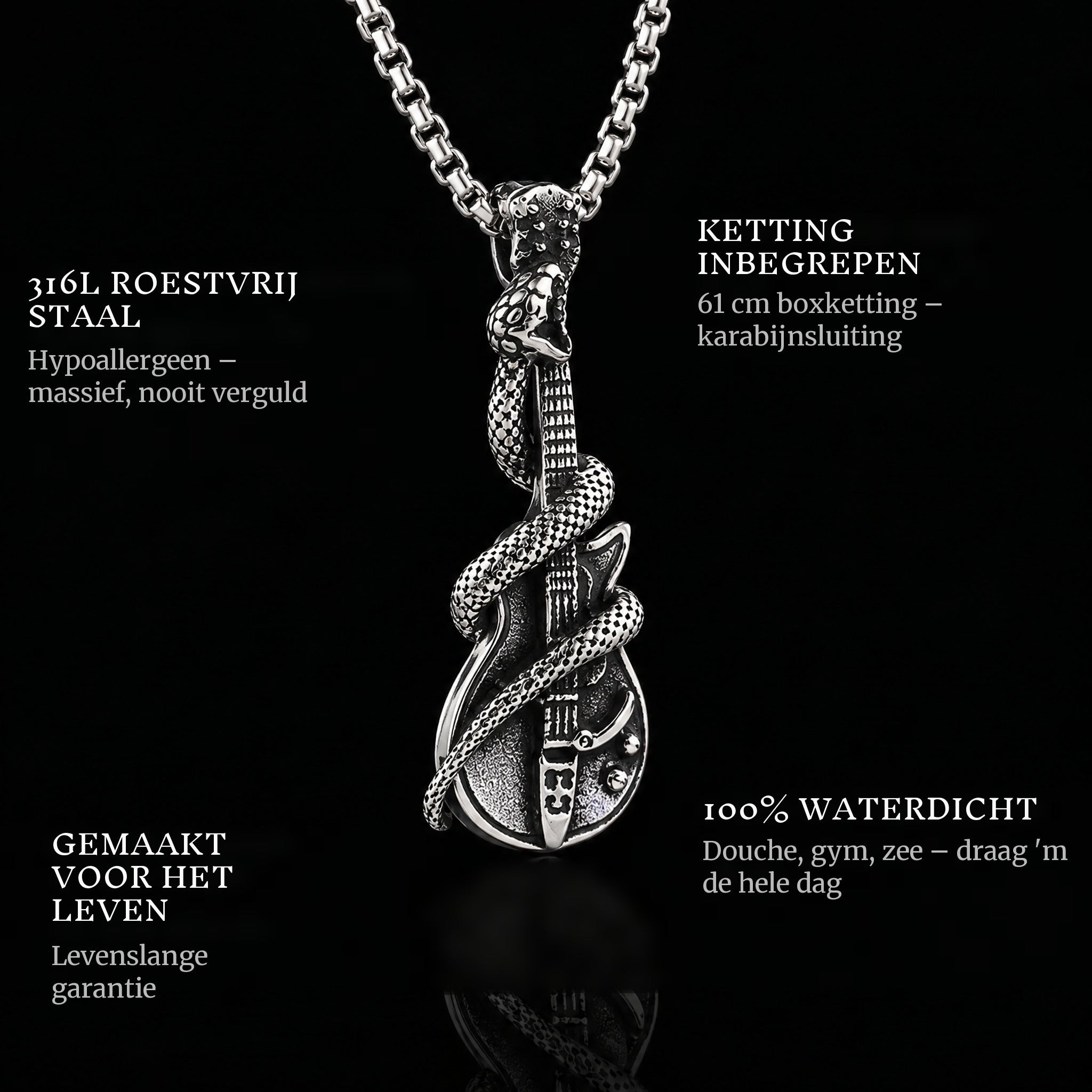 The Serpent Guitar pendant features: 316L stainless steel, chain included, 100% waterproof, lifetime guarantee