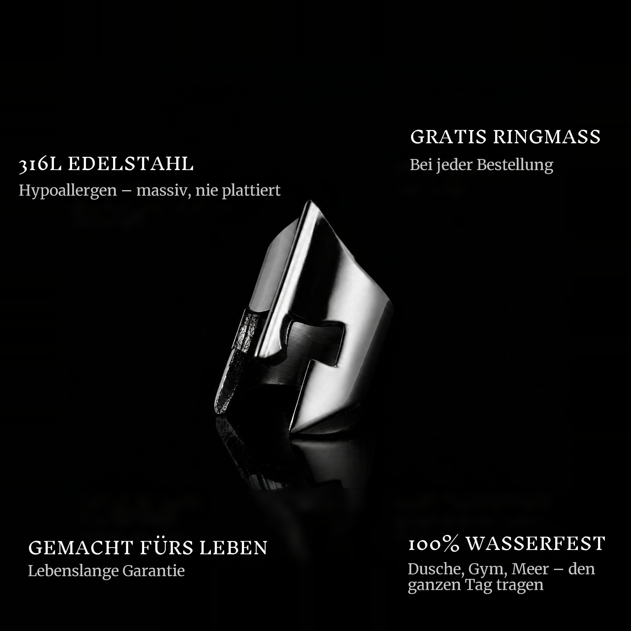 The Spartan Black ring features: 316L stainless steel, free ring sizer in every order, 100% waterproof, lifetime guarantee