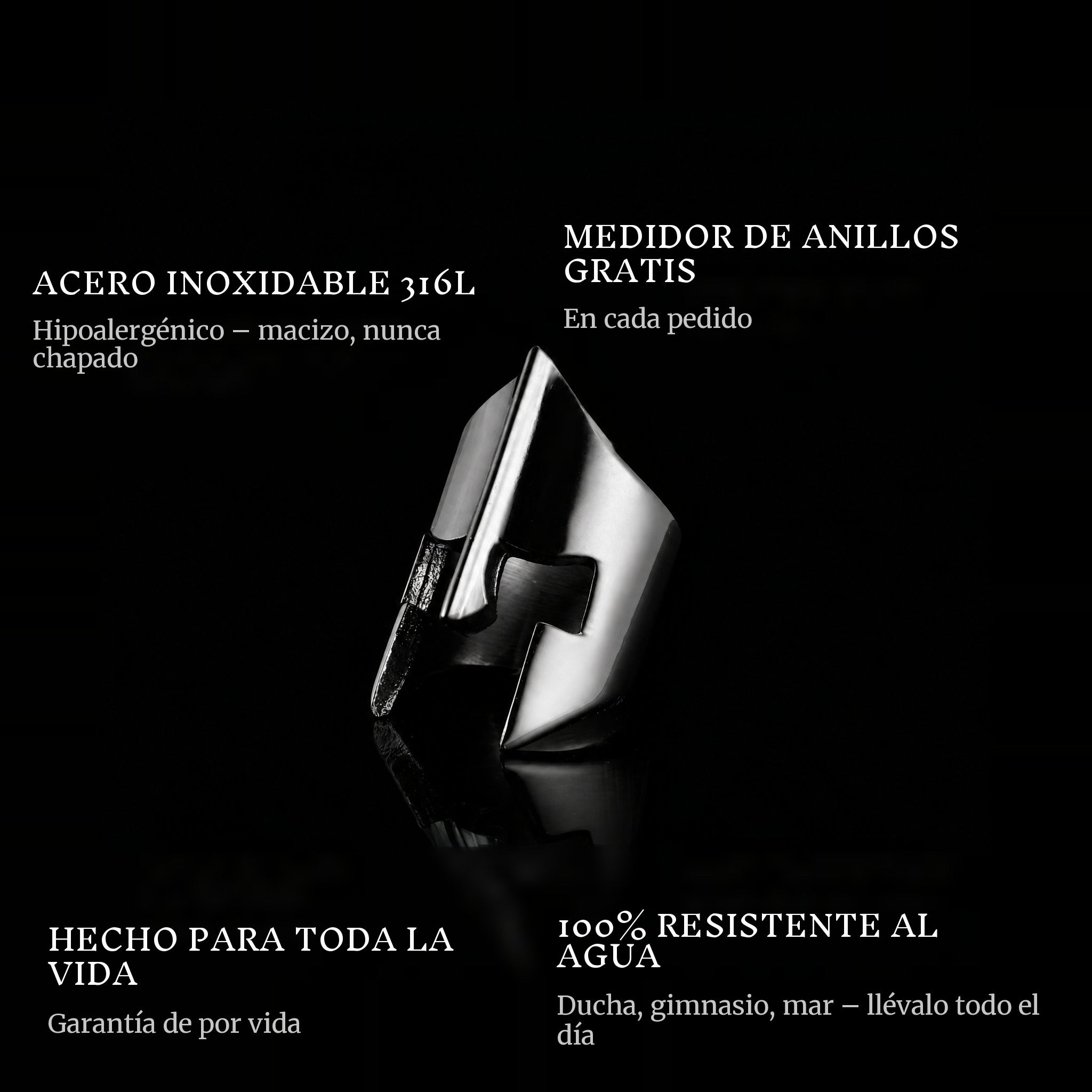 The Spartan Black ring features: 316L stainless steel, free ring sizer in every order, 100% waterproof, lifetime guarantee