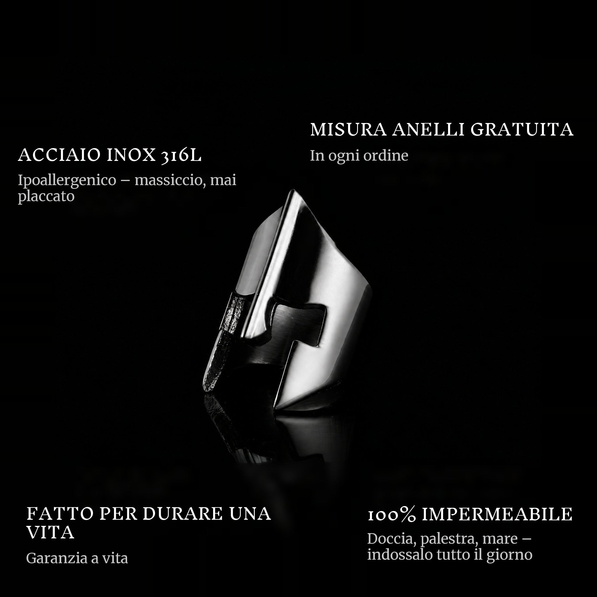 The Spartan Black ring features: 316L stainless steel, free ring sizer in every order, 100% waterproof, lifetime guarantee