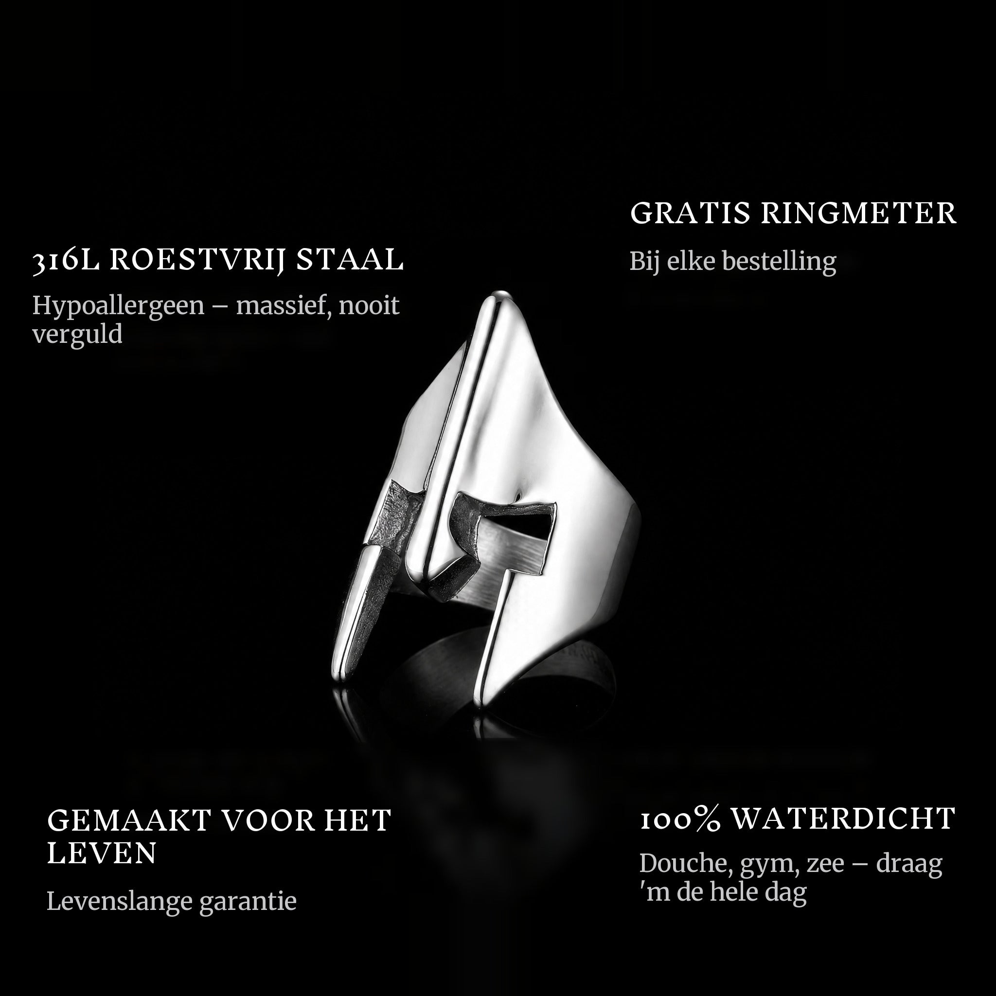 The Spartan ring features: 316L stainless steel, free ring sizer in every order, 100% waterproof, lifetime guarantee