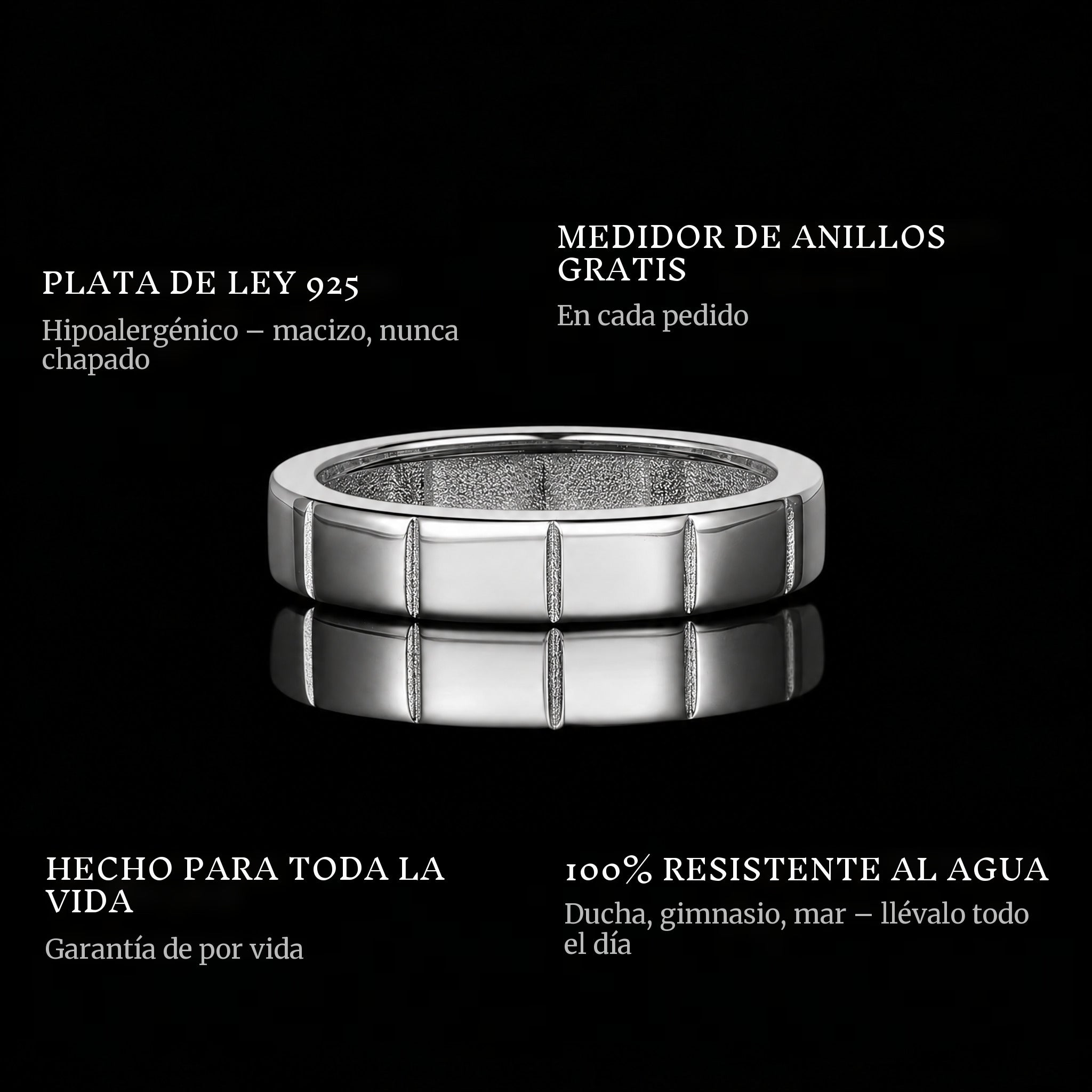 The Stacker Ring ring features: 925 sterling silver, free ring sizer in every order, 100% waterproof, lifetime guarantee