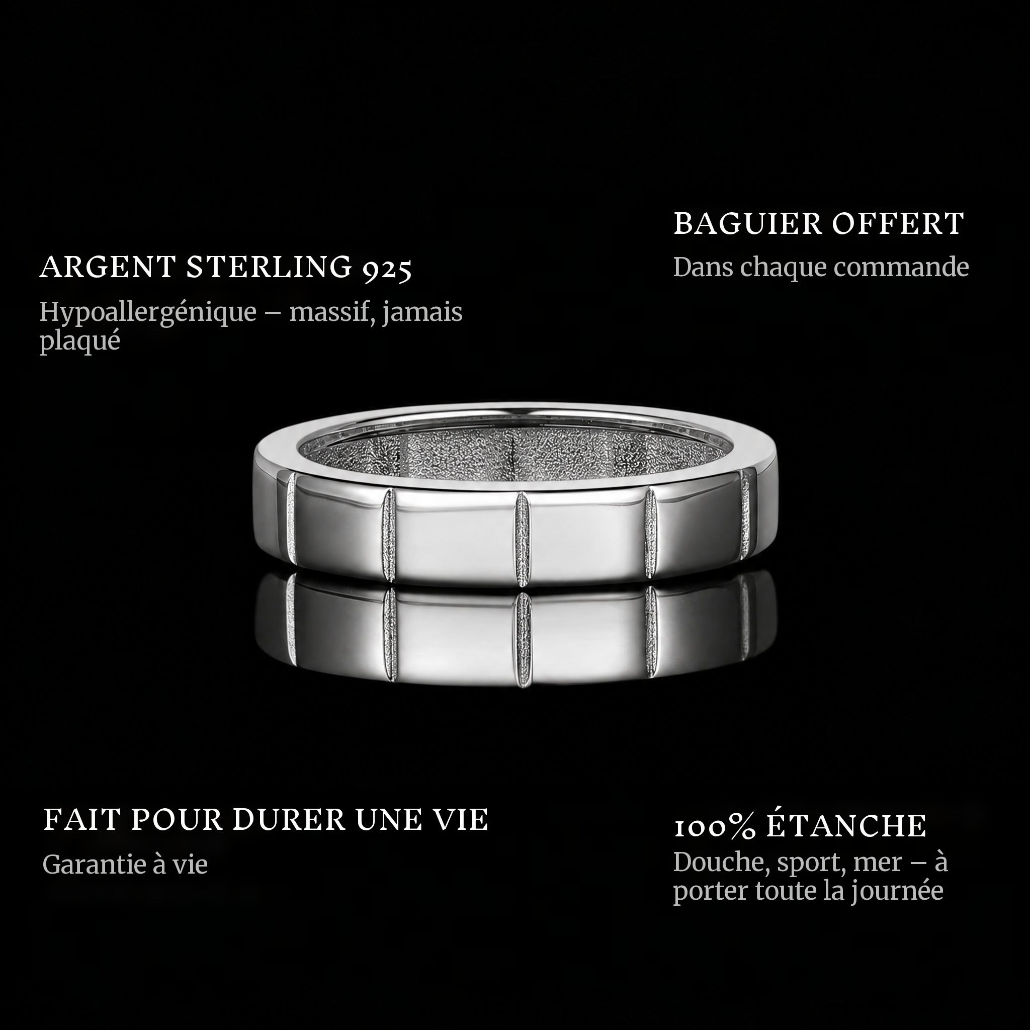 The Stacker Ring ring features: 925 sterling silver, free ring sizer in every order, 100% waterproof, lifetime guarantee