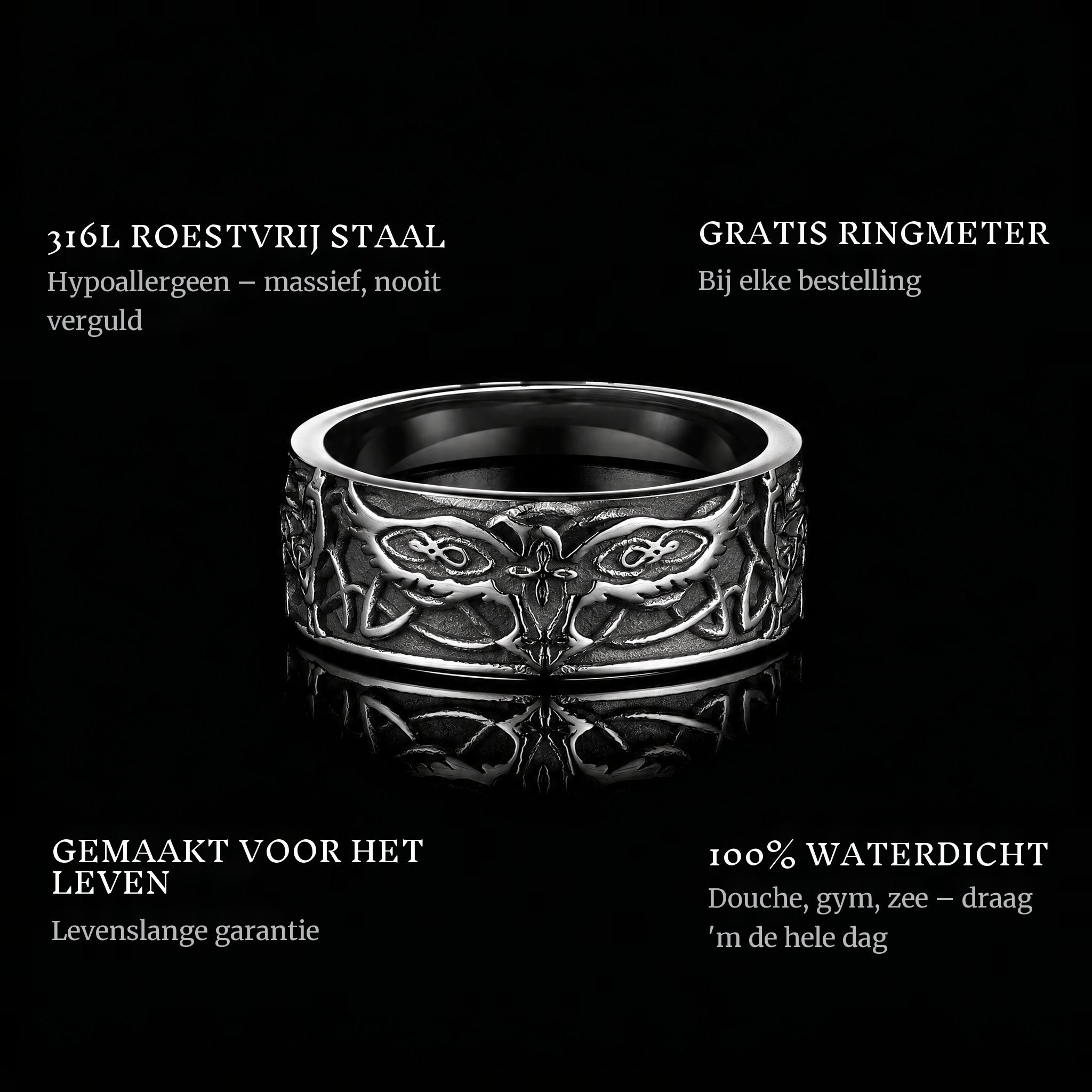 The Wingman ring features: 316L stainless steel, free ring sizer in every order, 100% waterproof, lifetime guarantee