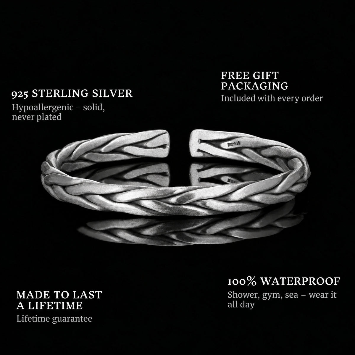 The Woven Bangle features: 925 sterling silver, free gift packaging, 100% waterproof, lifetime guarantee
