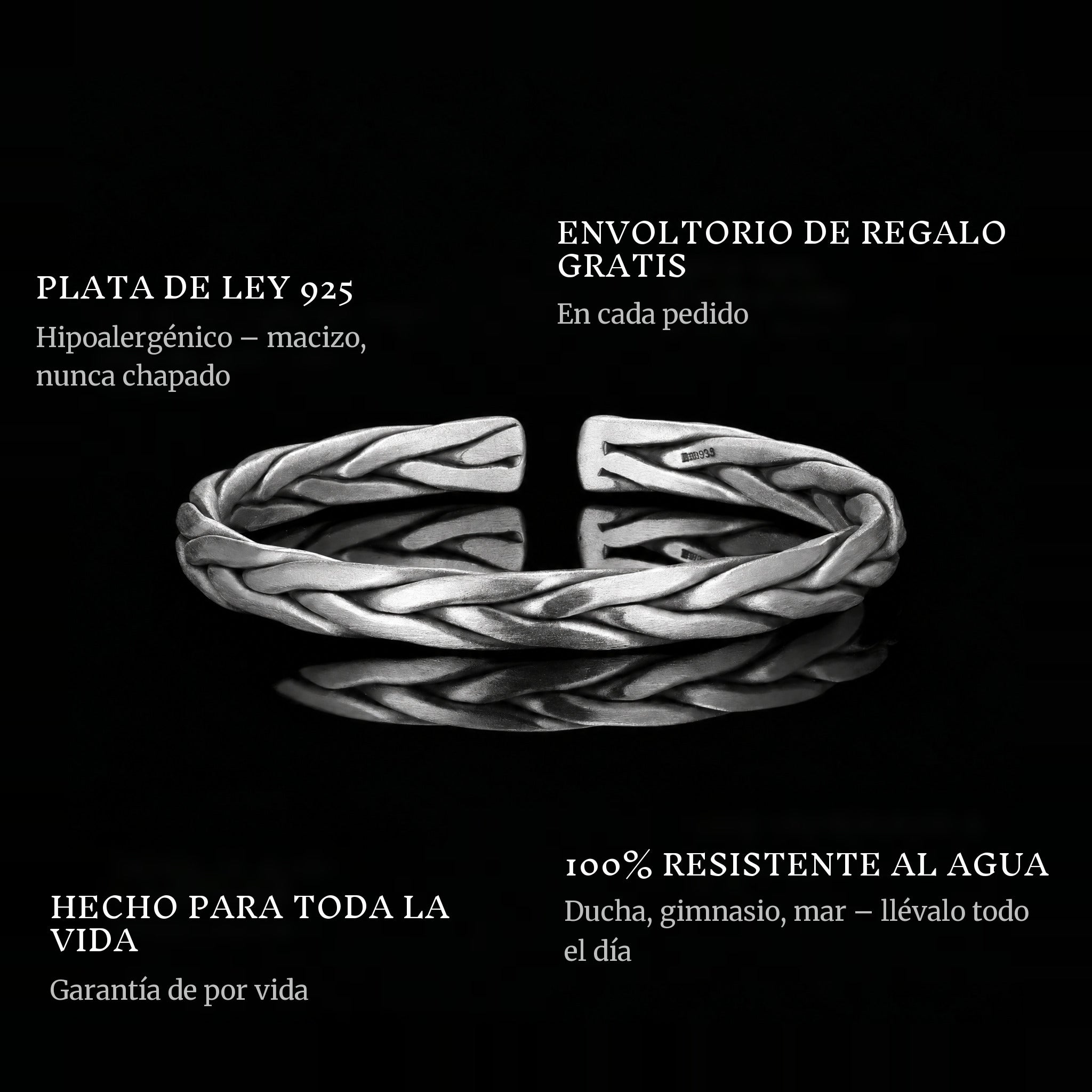 The Woven Bangle features: 925 sterling silver, free gift packaging, 100% waterproof, lifetime guarantee