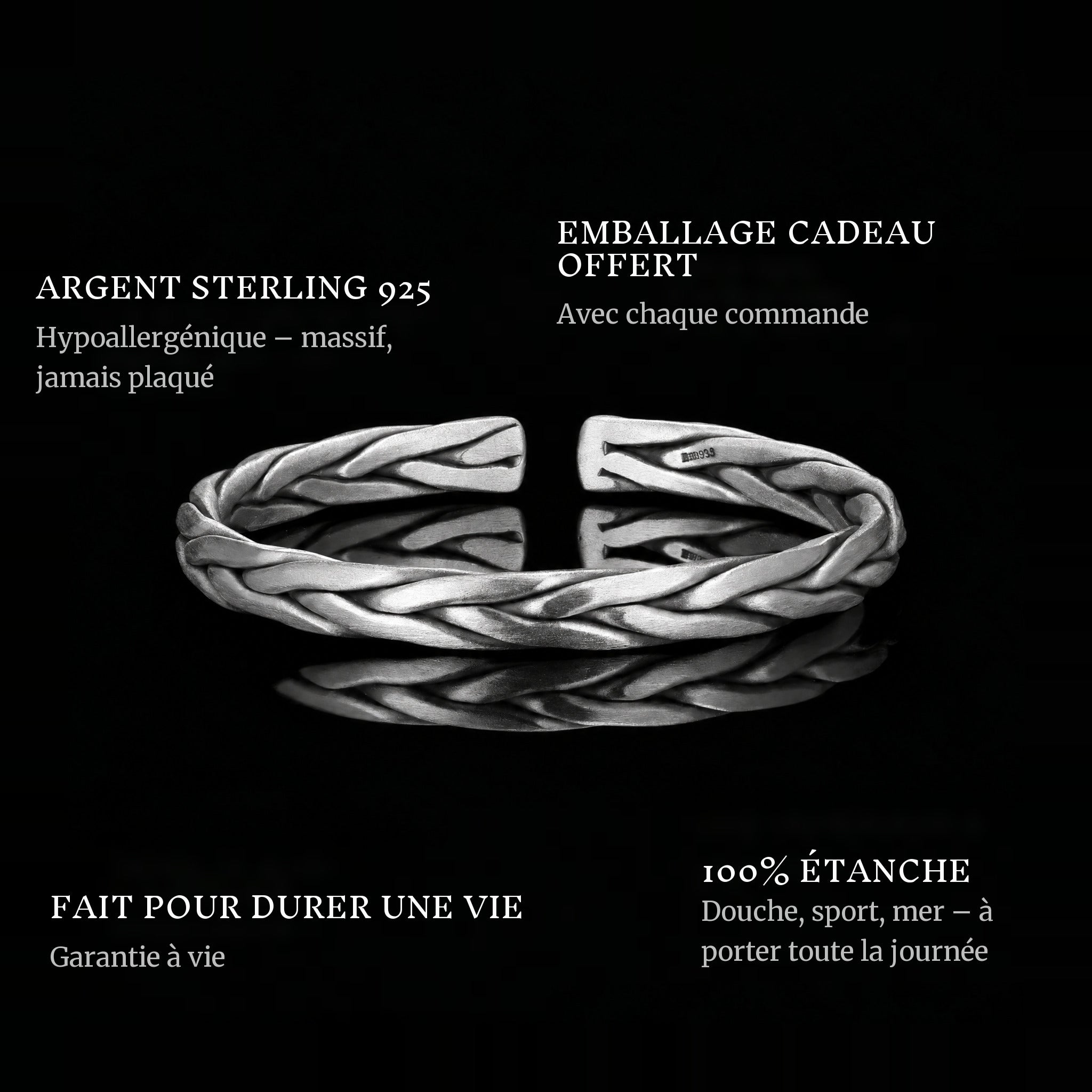 The Woven Bangle features: 925 sterling silver, free gift packaging, 100% waterproof, lifetime guarantee
