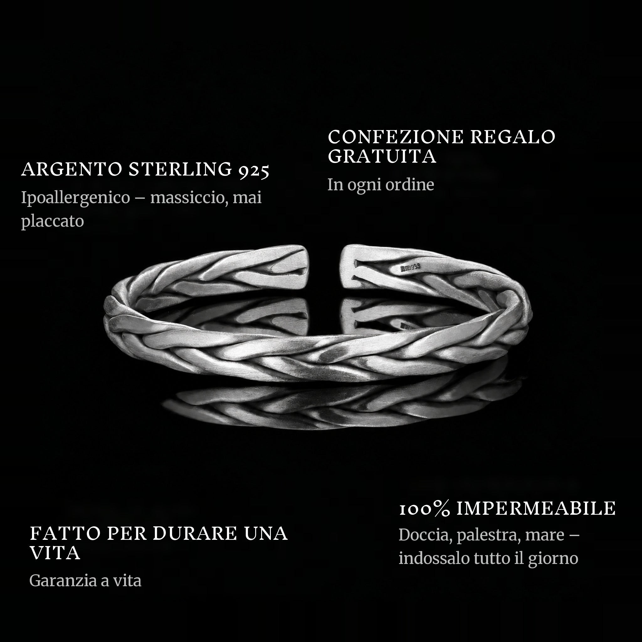 The Woven Bangle features: 925 sterling silver, free gift packaging, 100% waterproof, lifetime guarantee