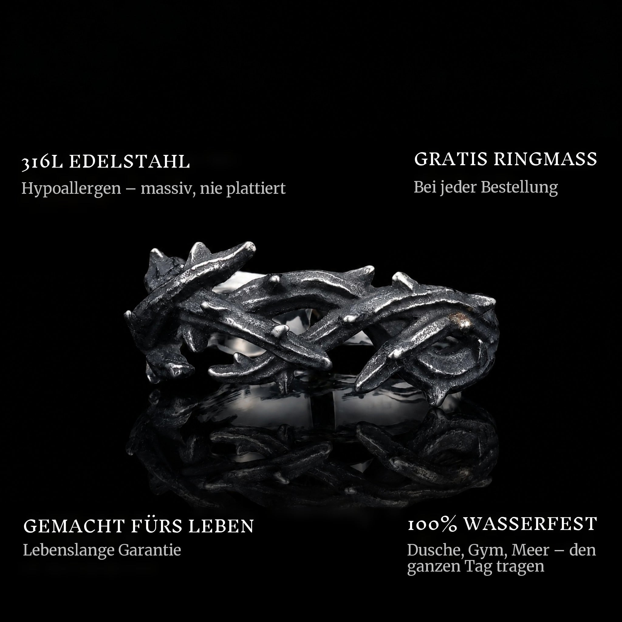 Thorn Crown ring features: 316L stainless steel, free ring sizer in every order, 100% waterproof, lifetime guarantee
